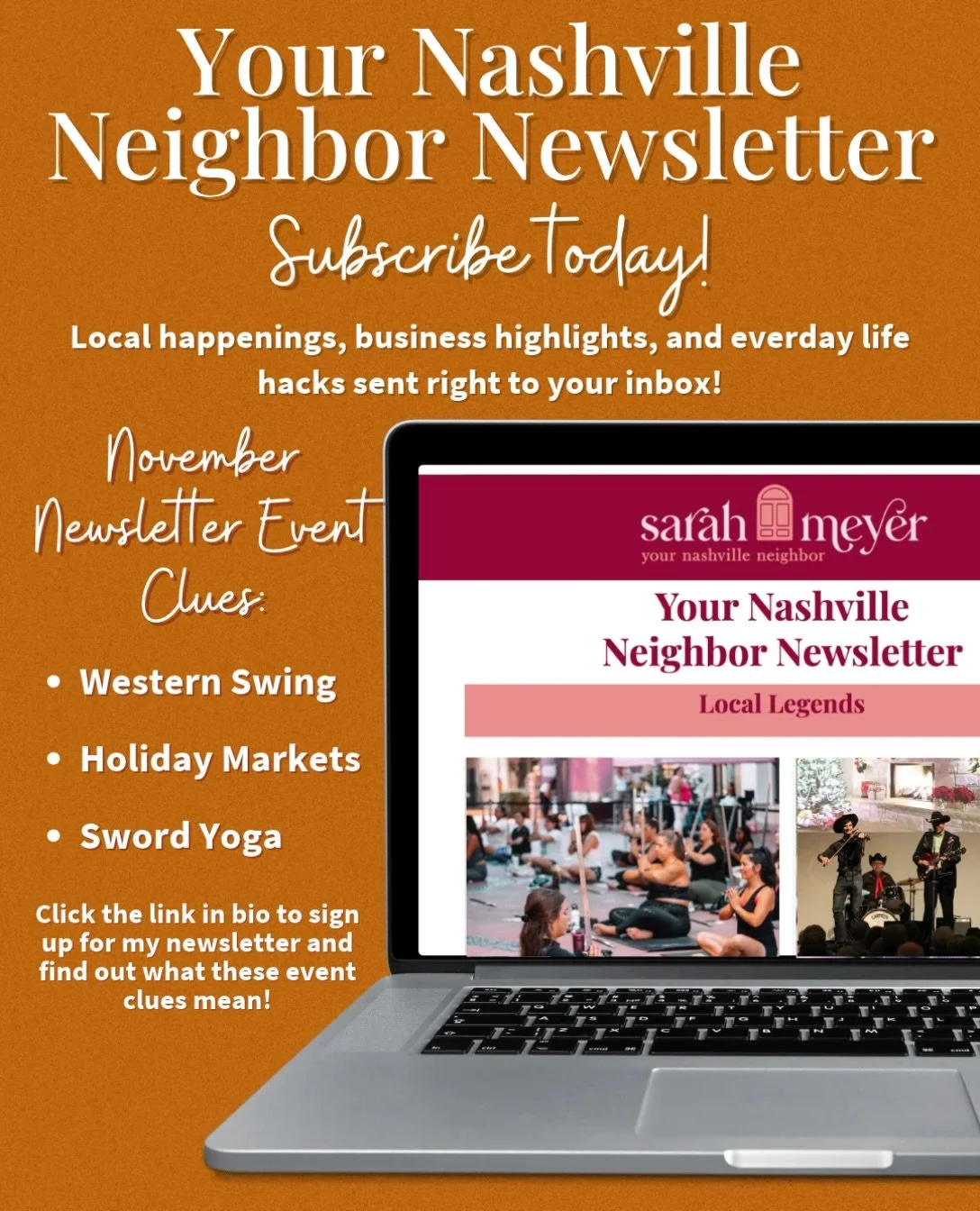 Western Swing, Sword Yoga &amp; Thanksgiving leftovers&hellip;what do they have in common? 🤔

They&rsquo;re all part of my November Your
Nashville Neighbor Newsletter! 🍂

I love sharing Nashville&rsquo;s local happenings, hidden gems, adoptable pet