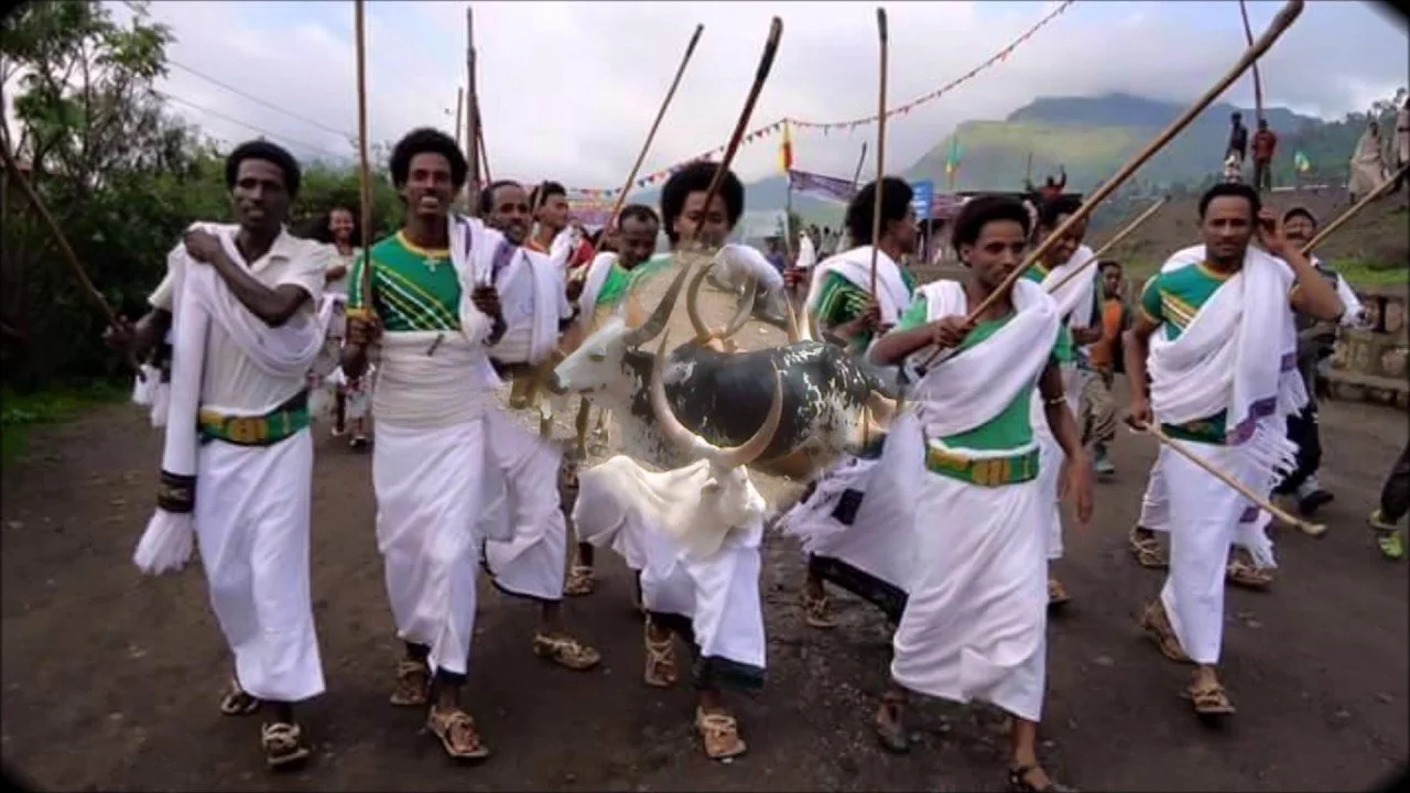 Group of men dressed in traditional white attire with green and yellow accents participating in a cultural parade, carrying spears, in a rural outdoor setting with mountains in the background.