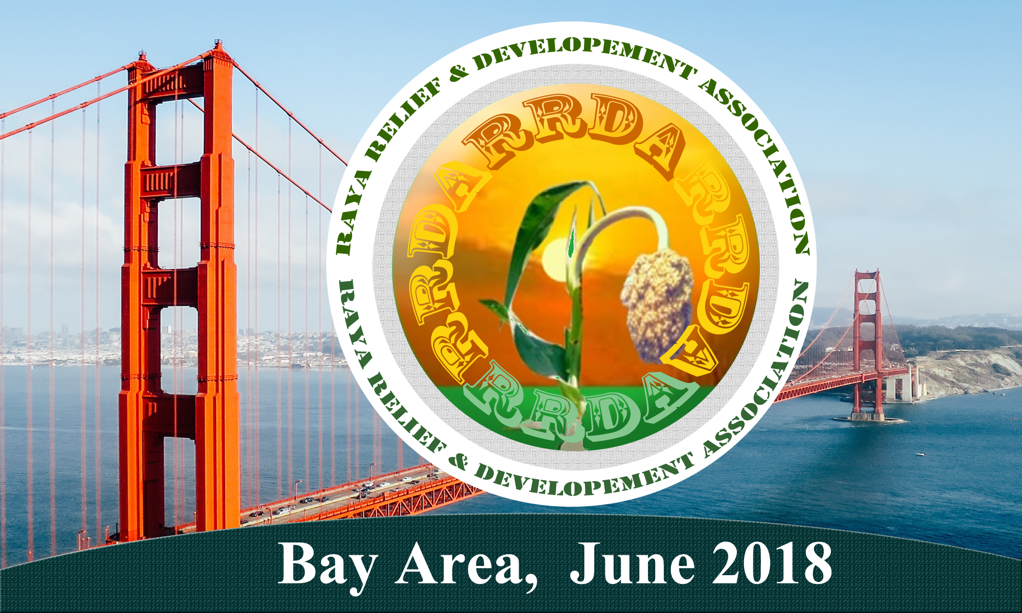 The image shows part of the Golden Gate Bridge in San Francisco, California, with a portion of the bridge's red-orange tower and suspension cables visible over the bay, under a blue sky. There is a circular logo superimposed on the image, with the te