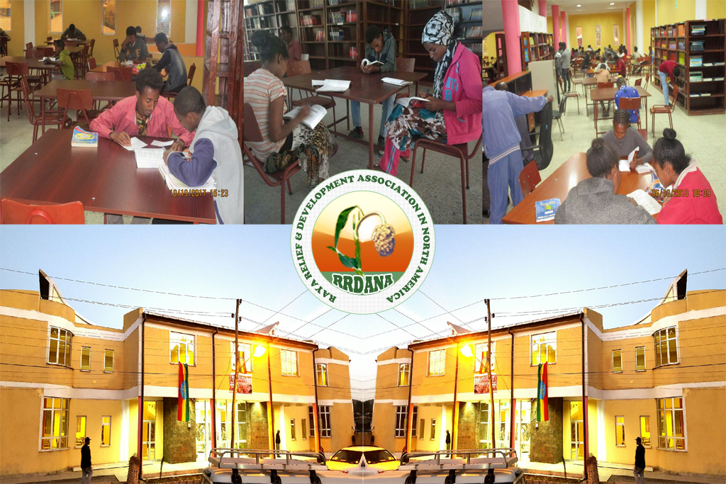 RRDANA built library with students reading indoors and the library's exterior at sunset.