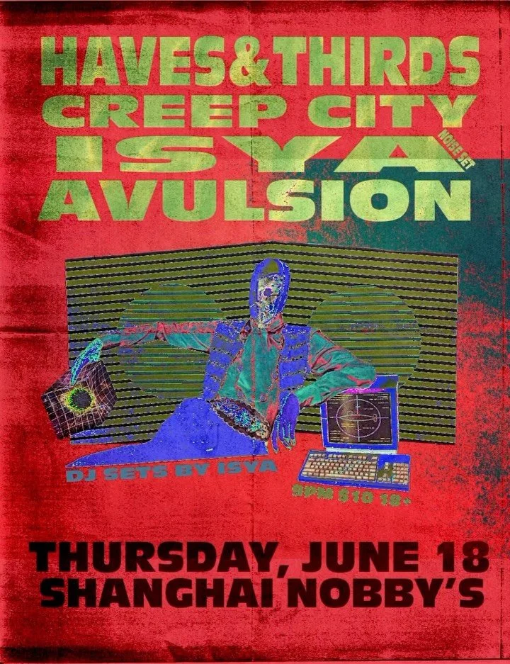 SHOW ANNOUNCEMENT
Mysterious Tampa, FL experimental figure  @havesandthirds joins us. And by &ldquo;us&rdquo; I mean notorious synth explorer // realm shifter Creep City (@technicoloryawntapes), sparkling new St. Aug harsh noise duo @avulsion.noise, 
