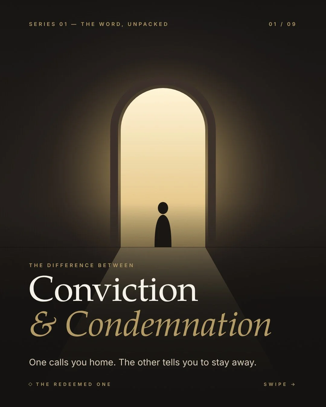 Conviction and Condemnation study cover: a figure standing in a lit arched doorway
