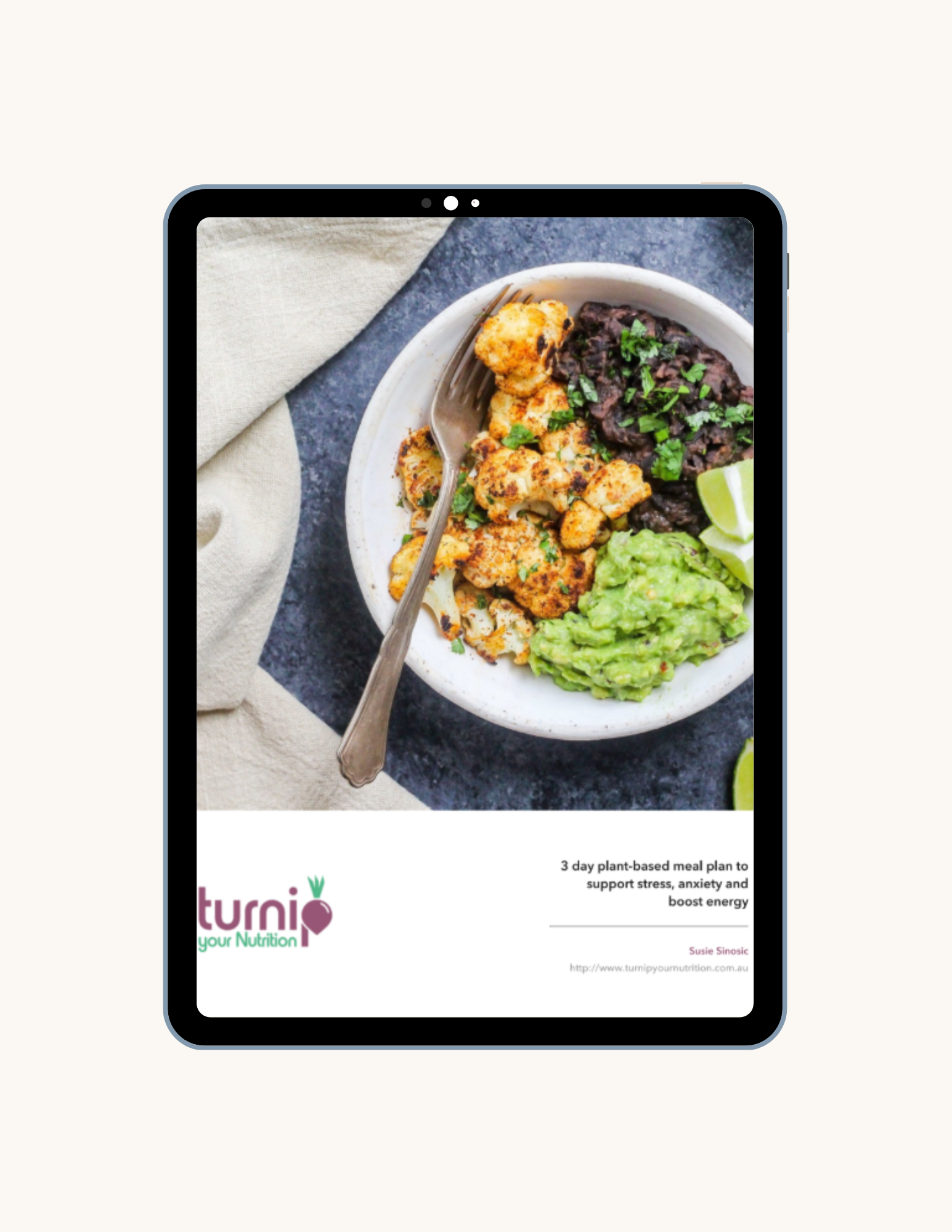 Tablet displaying a 3-day plant-based meal plan by Turnip Nutrition to support stress, anxiety, and energy, featuring a nourishing bowl with spiced cauliflower, black beans, guacamole, and lime for balanced midlife nutrition.