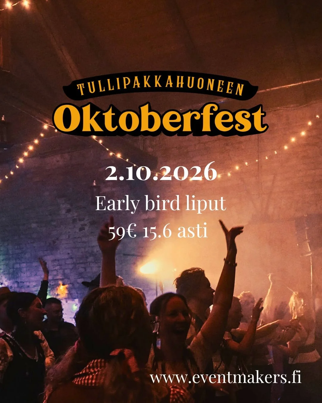TULLIPAKKAHUONEEN OKTOBERFEST 2026 🍻
📍 Tullipakkahuone, Kokkola
📅 Pe 2.10.2026 klo 19&ndash;01
🔞 K18

Viime vuonna tapahtuma myytiin loppuun, eik&auml; ihme! 🔥
Nyt jo puolet lipuista myyty, joten varmista paikkasi ajoissa.

🎟️ Early Bird -liput