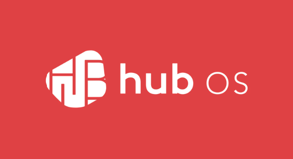 Logo of Hub OS with a red background and white text.