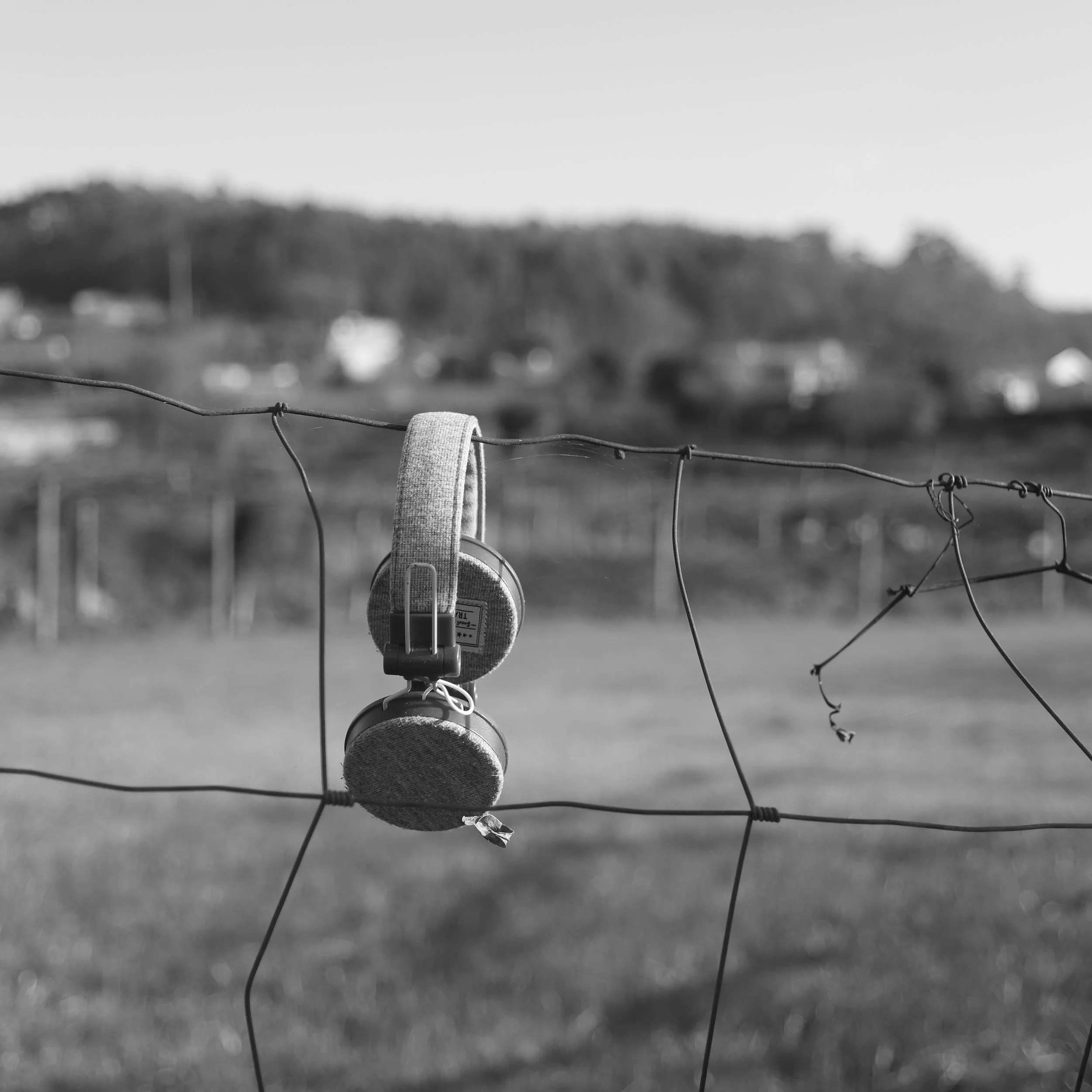 A pair of headphones hanging on a wire fence with a blurred landscape in the background.