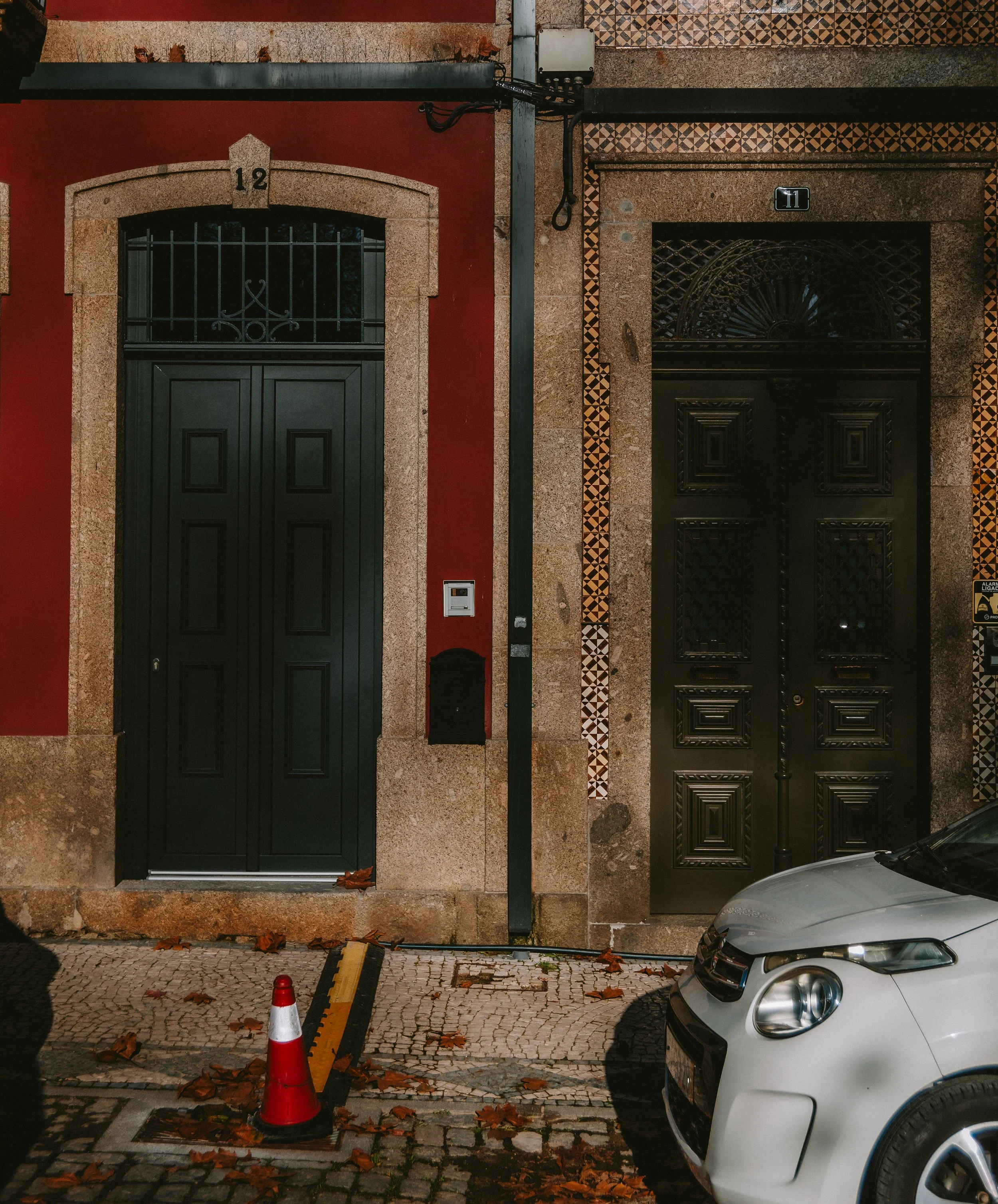 Close-up of two adjacent European-style doors, one black and one dark brown, with stone frames, on a street with fallen leaves and a parked silver car.