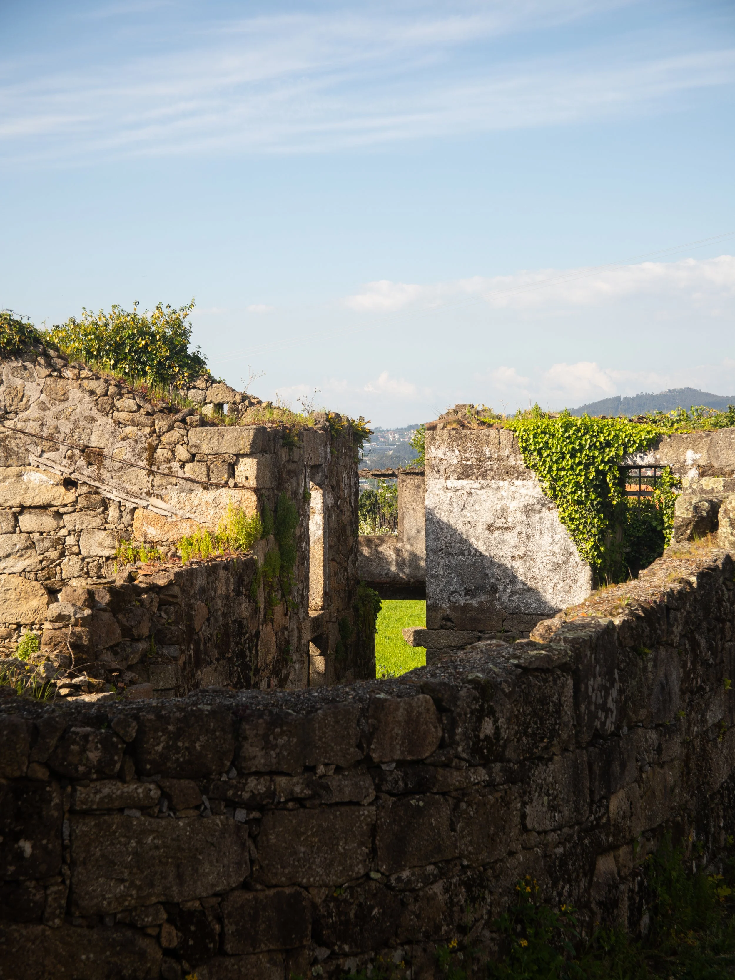 Ruins of an old stone building with overgrown greenery and clear sky in the background.