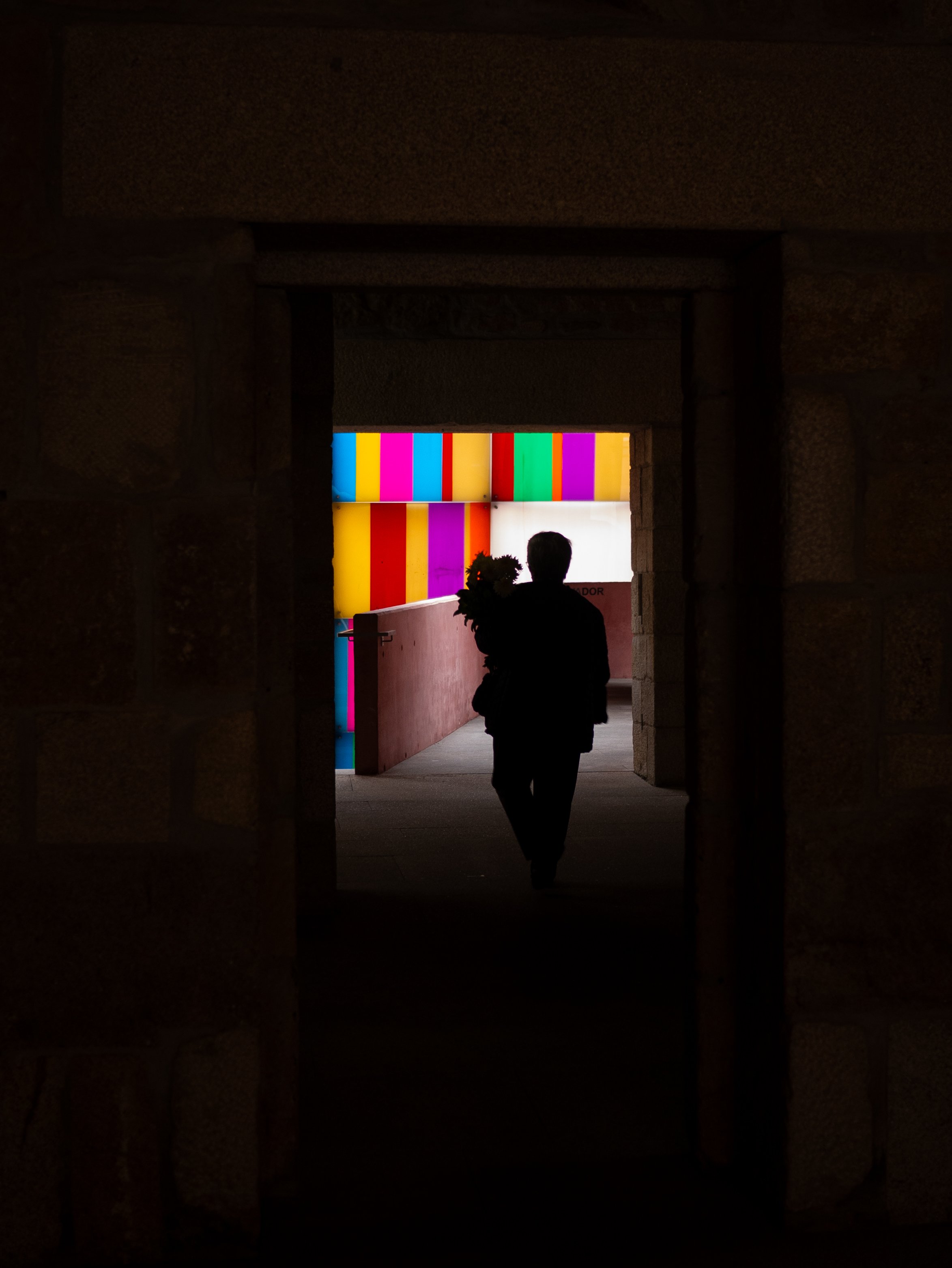 Silhouette of a person holding flowers walking through a dark passageway towards a colorful, illuminated background.