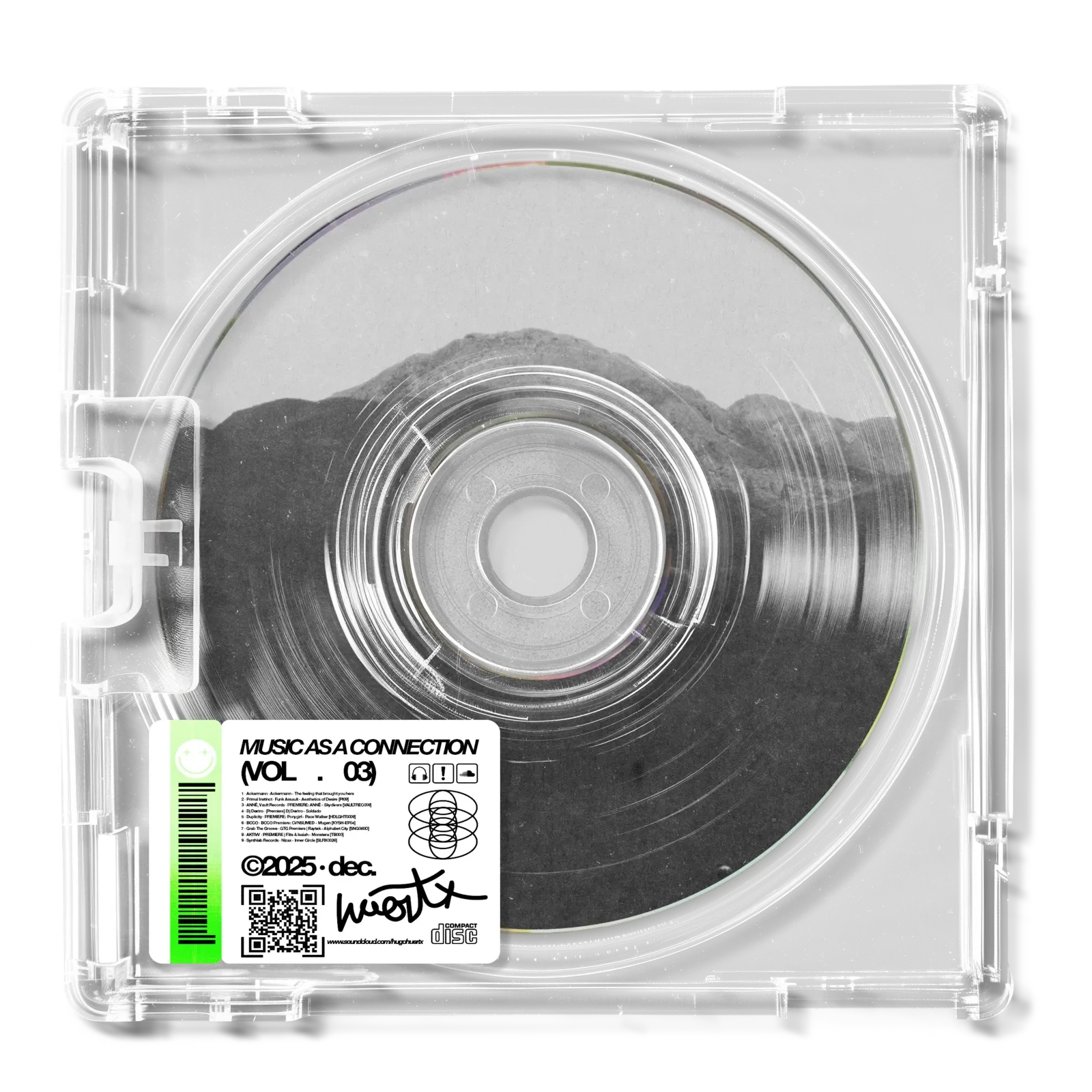 CD en una caja transparente con etiqueta que dice 'Music as a Connection Vol. 03' y firma 'wostx', con una imagen de montañas y música en fondo.