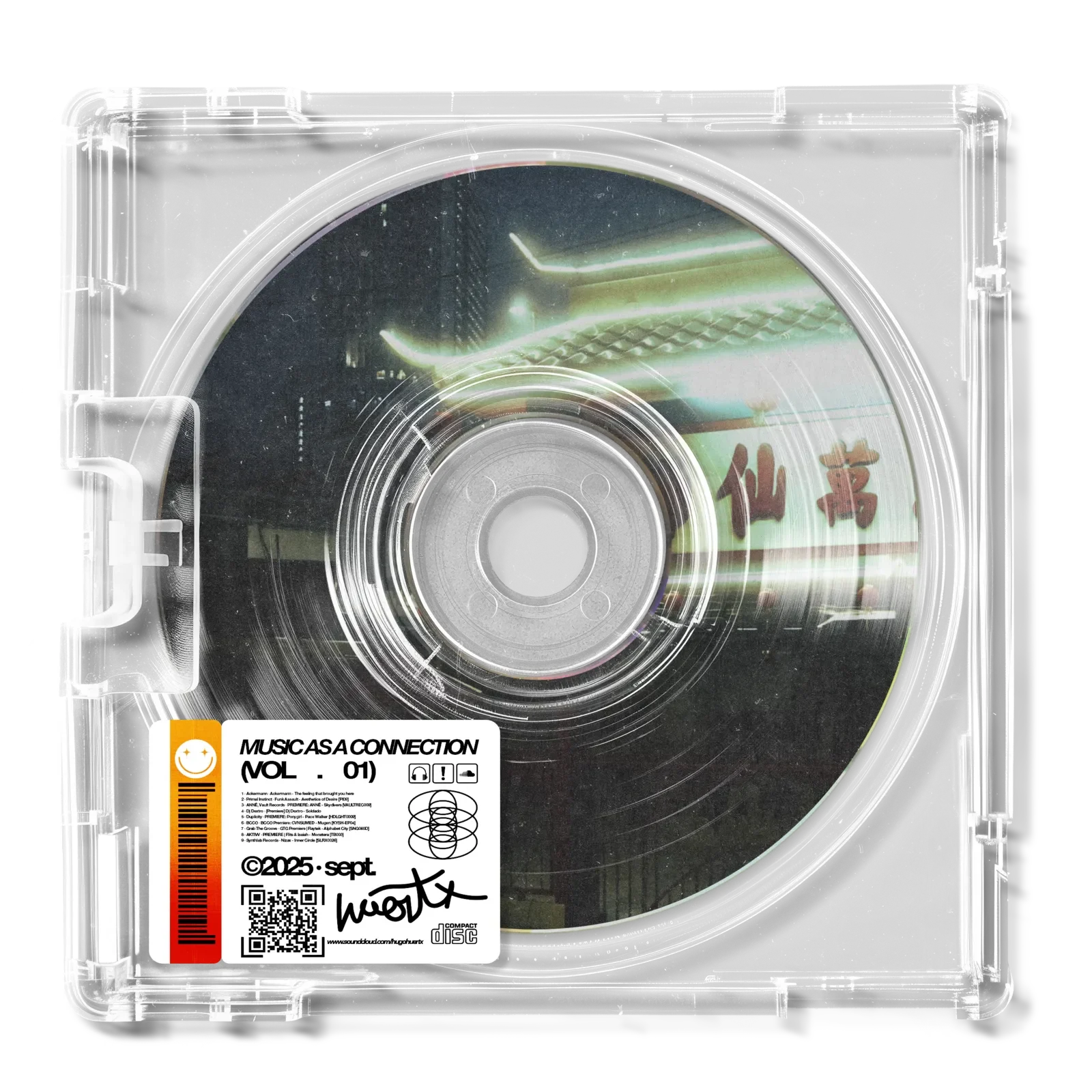 CD transparente con etiqueta que dice 'MÚSICAS A CONNECTION VOL. 01' y fondo de luces y señalización en caracteres chinos.