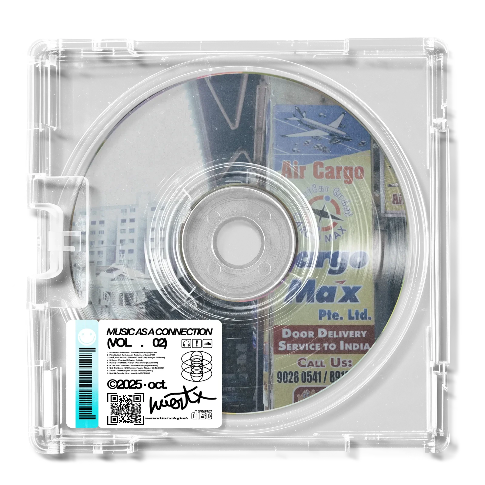 CD en una caja transparente con etiquetas de música y código QR.