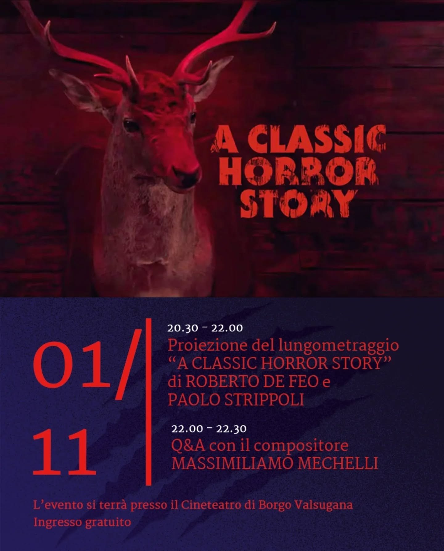 ACT Cinema Days - Horror Edition entra nel vivo.
Dal 31 Ottobre al 2 Novembre il Cinema di Borgo Valsugana si tinge di rosso sangue 🩸 

Il 1 Novembre presso il Cineteatro di Borgo Valsugana verr&agrave; proiettato &quot;A Classic Horror Story&quot; 
