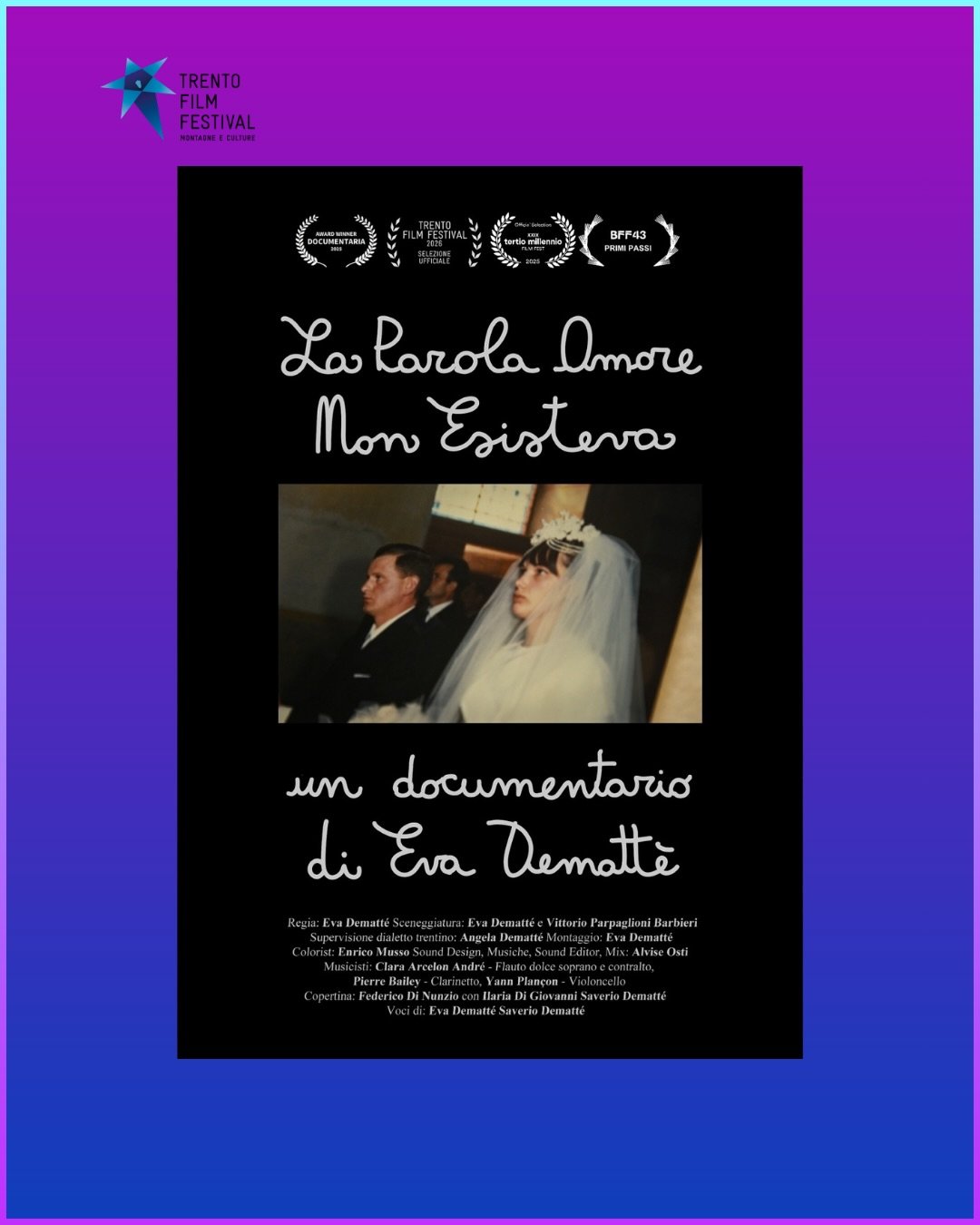 Associati ACT presenti al Trento Film Festival 2026 🎬

LA PAROLA AMORE NON ESISTEVA 
In un piccolo paese trentino, la regista segue la quotidianit&agrave; del nonno, immaginando che accanto a lui ci sia la nonna appena scomparsa. Realt&agrave; e mem