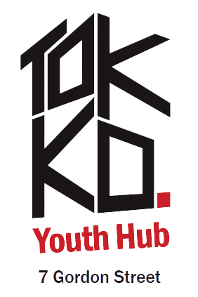 Logo for TOKKO Youth Space with black stylized text and red tagline.