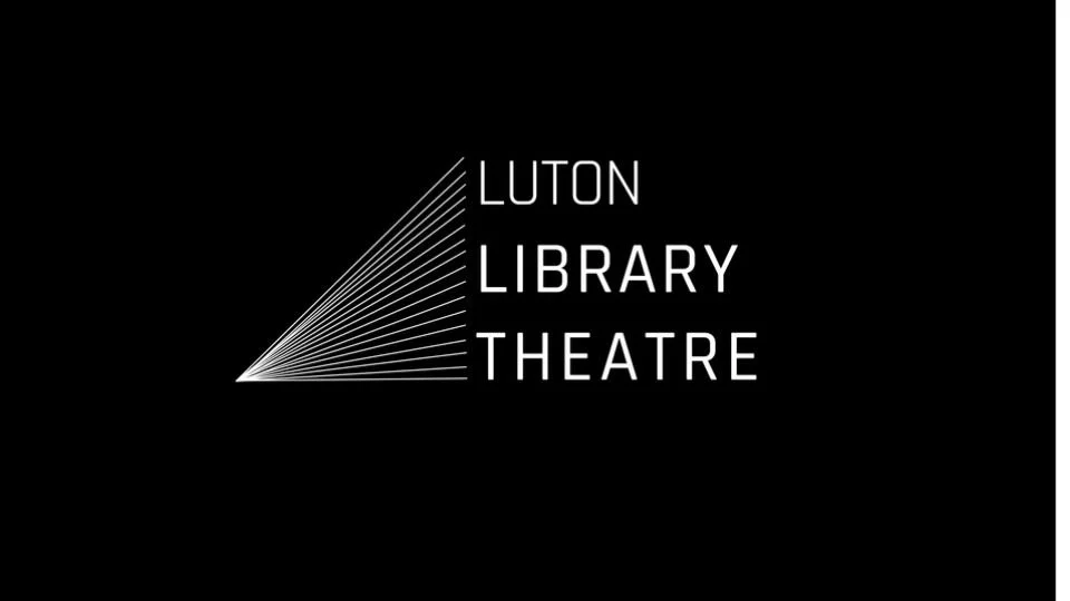 Luton Library Theatre logo with lines radiating from a point to the left of the text on a black background.