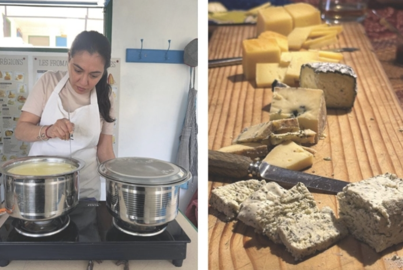Woman cooking over two pots on a stove, and a variety of cheeses sliced on a wooden cutting board.