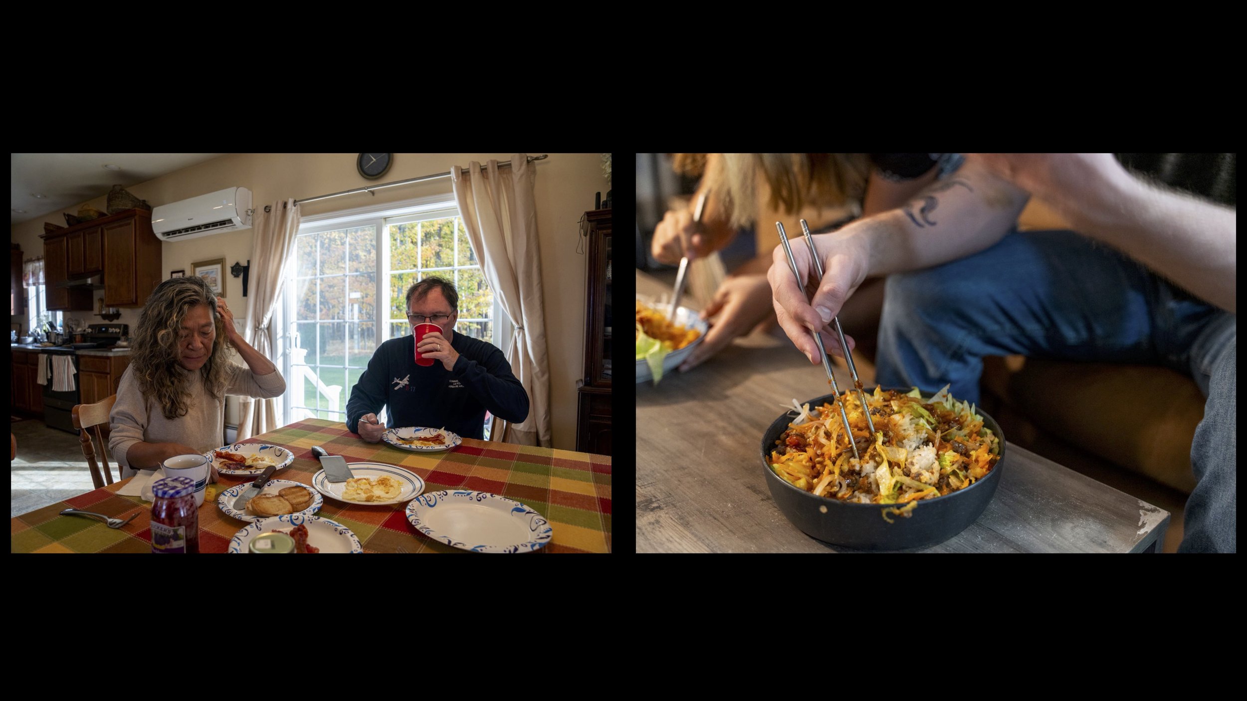 Food serves as a lens into the cultural dynamics of cross-cultural marriages. On the left, Naiyou Wang prepares Chinese meals daily, a way of preserving her heritage and sharing it with her husband, Shawn Krol. Shawn’s enjoyment of these meals and hi