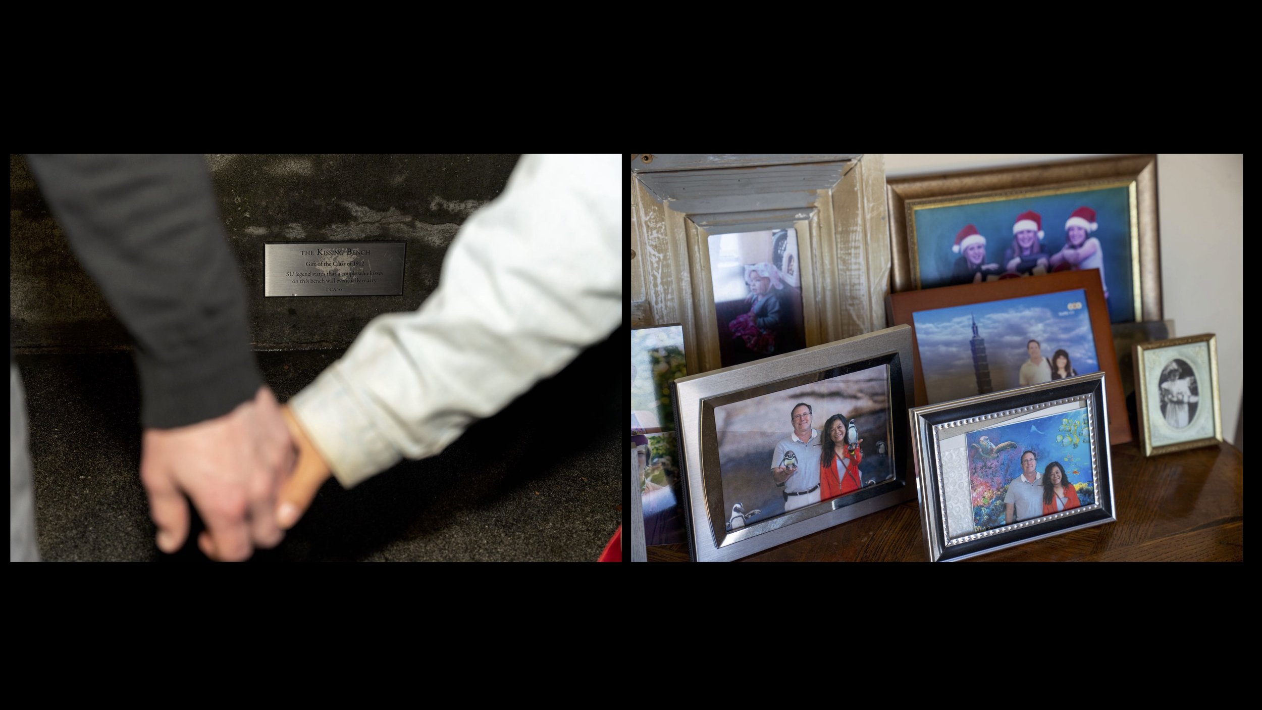 Naiyou Wang and Shawn Krol walk past Syracuse University’s iconic Kissing Bench, a romantic tradition symbolizing lasting love. For Shawn, the bench reflects familiar local customs, but for Naiyou, it holds little cultural resonance, underscoring how