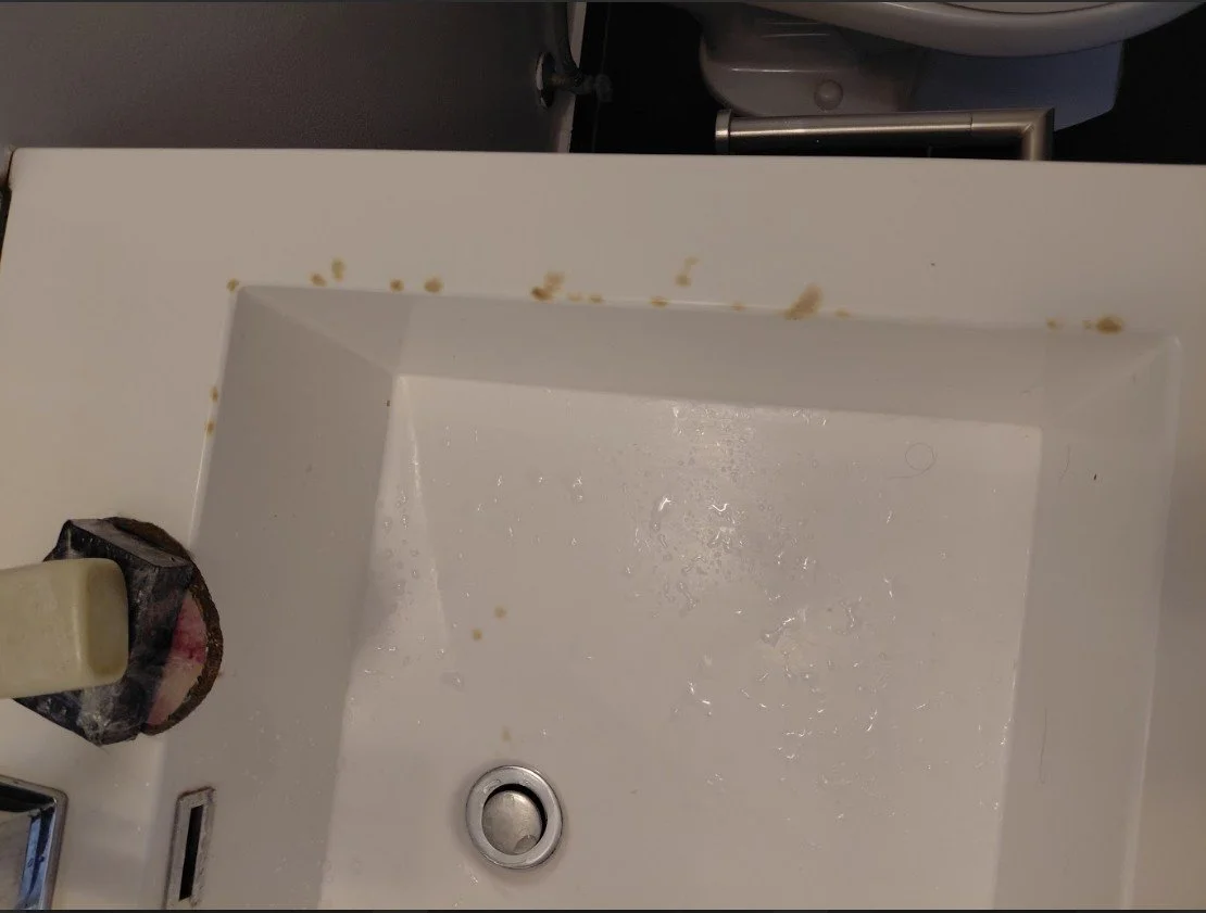 Empty white sink with some crumbs on the rim and a soap dispenser on the side.