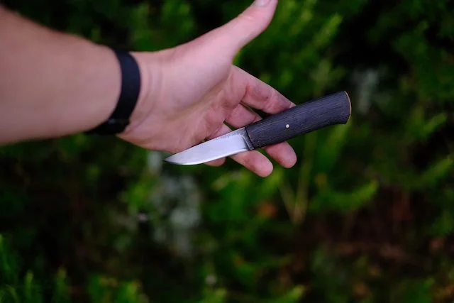A person's hand holding a small knife with a black handle, outdoors with green foliage in the background.