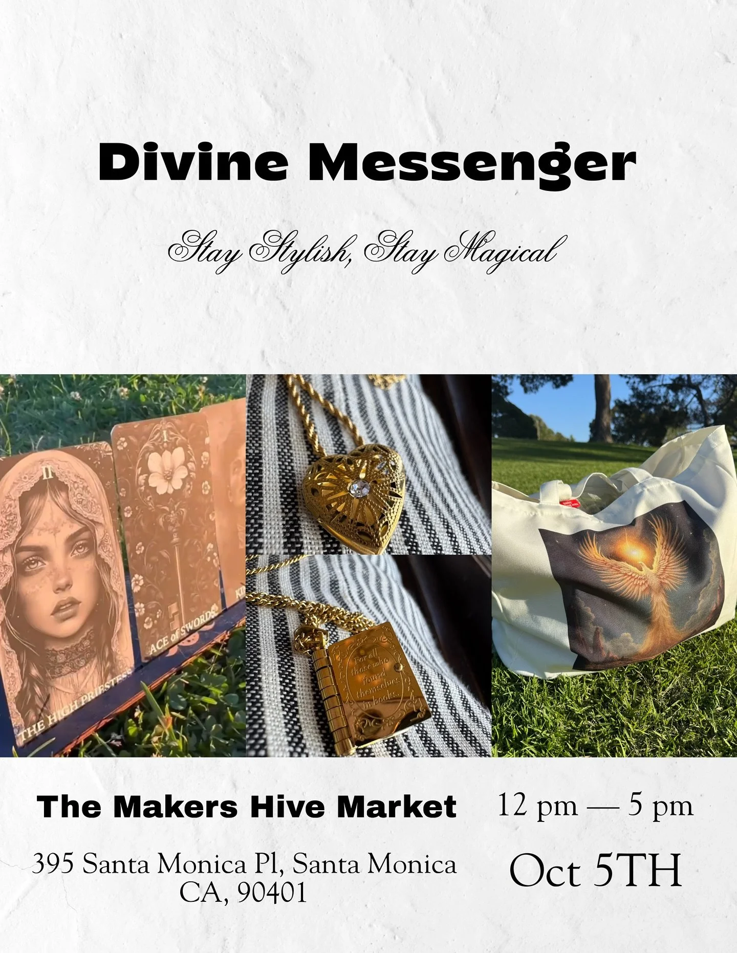 ✨Santa Monica, we&rsquo;re coming your way! ✨We&rsquo;re so excited to be part of @themakershivemarket this Sunday, Oct 5th at Santa Monica Place💫

We&rsquo;ll be bringing Divine Messenger creations such as tarot decks, signature jewelry, and totes,