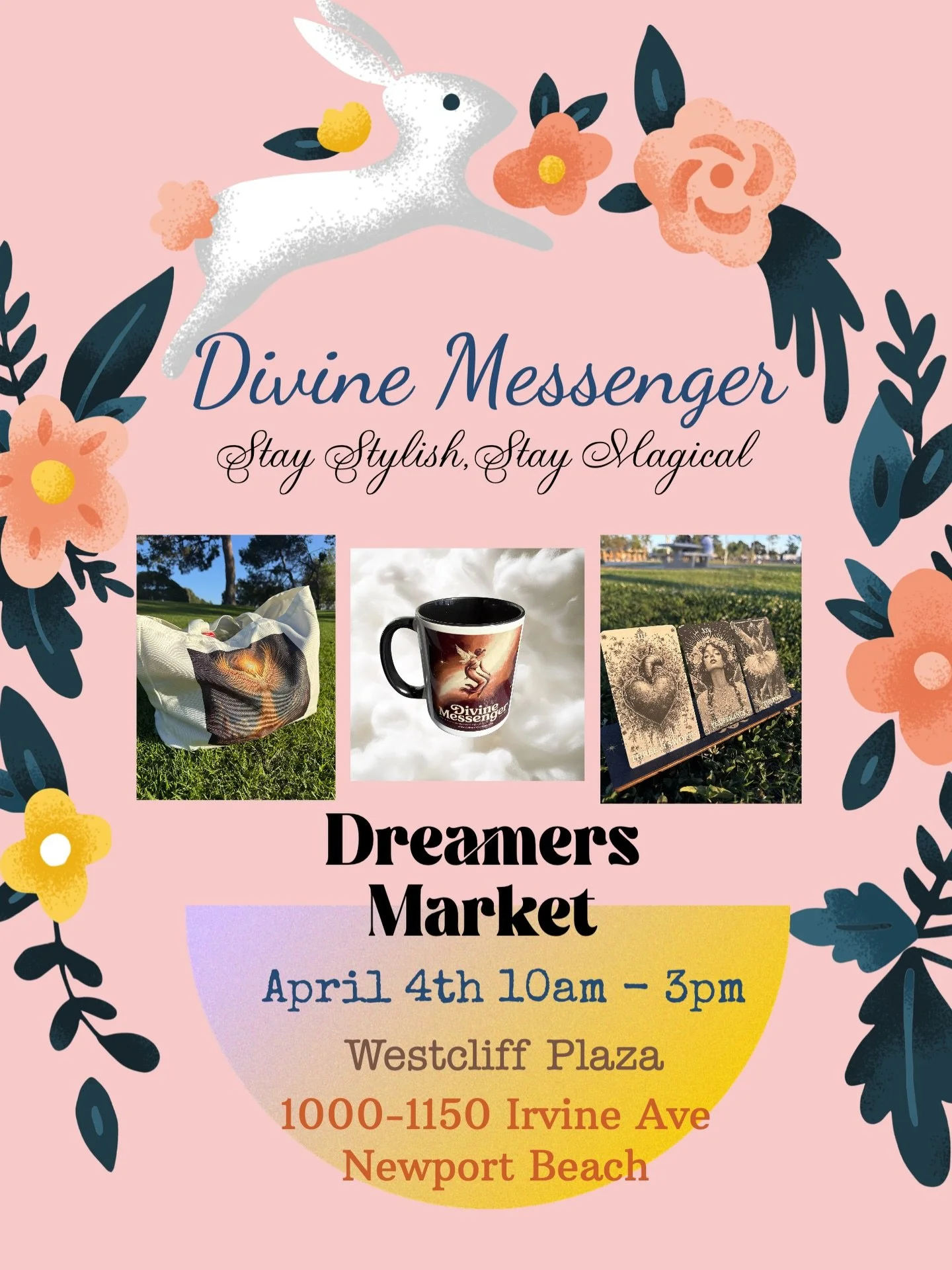 Newport Beach, we&rsquo;re coming your way ✨
Divine Messenger will be popping up at @dreamersmarkets at Westcliff Plaza for a dreamy Easter market filled with local makers, coastal vibes, and a little spring magic.🐇🪄
We&rsquo;re bringing our signat