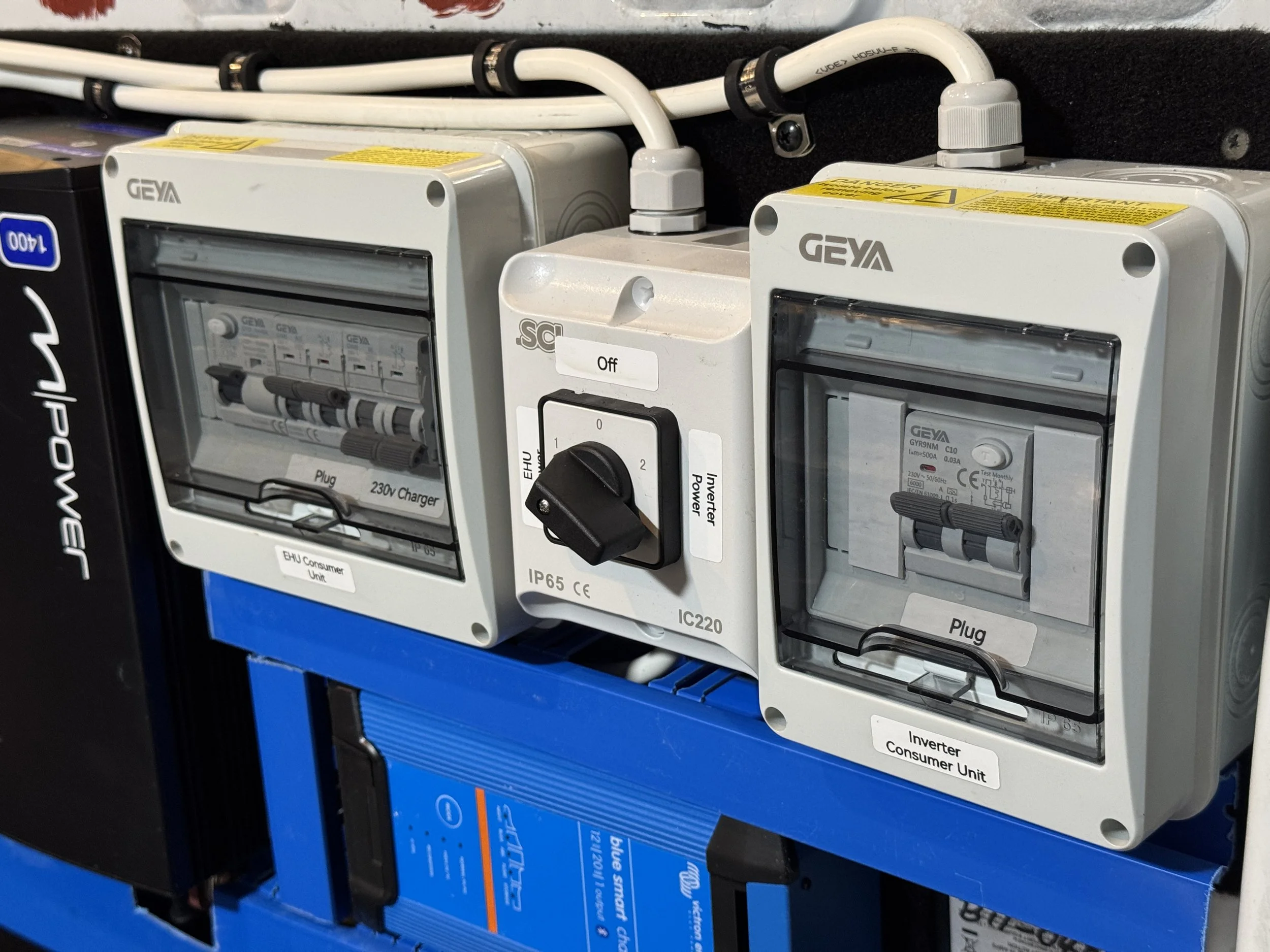 Electrical control boxes mounted on a wall with a switch, wiring, and labels, surrounded by various electronic components and equipment.