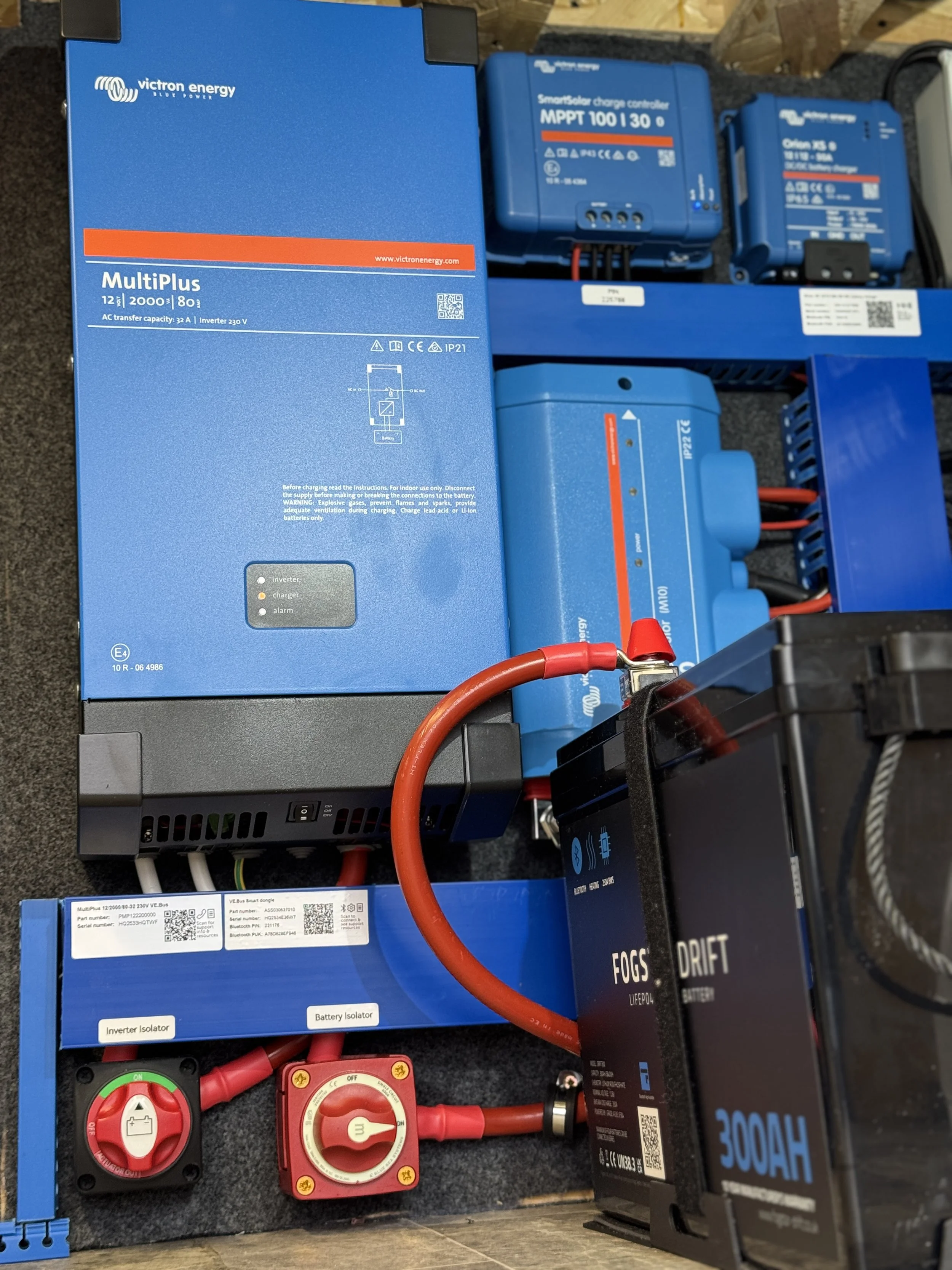 An electrical setup with blue power components, including a Victron Energy MultiPlus inverter, MPPT solar charge controllers, a lithium battery, and red and black wiring for a solar power system.