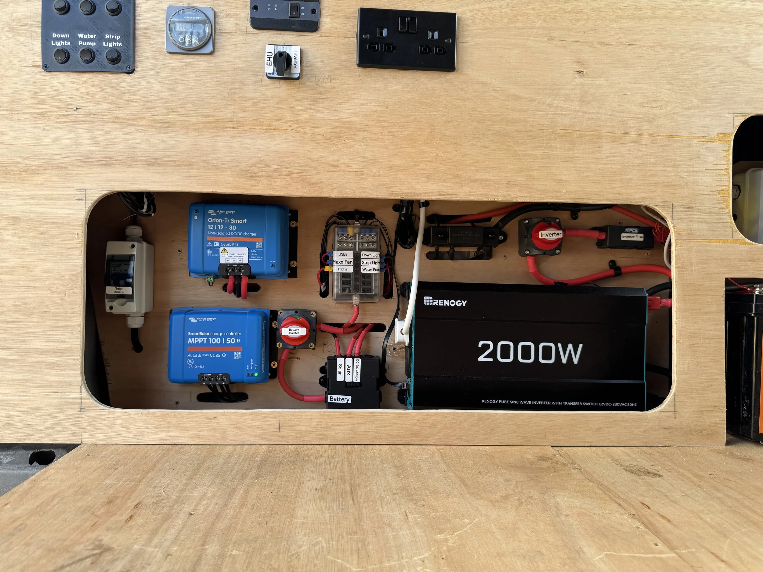 Electrical control box with various components including a 2000W inverter, blue charge controllers, wiring, and electrical outlets on a wooden surface.