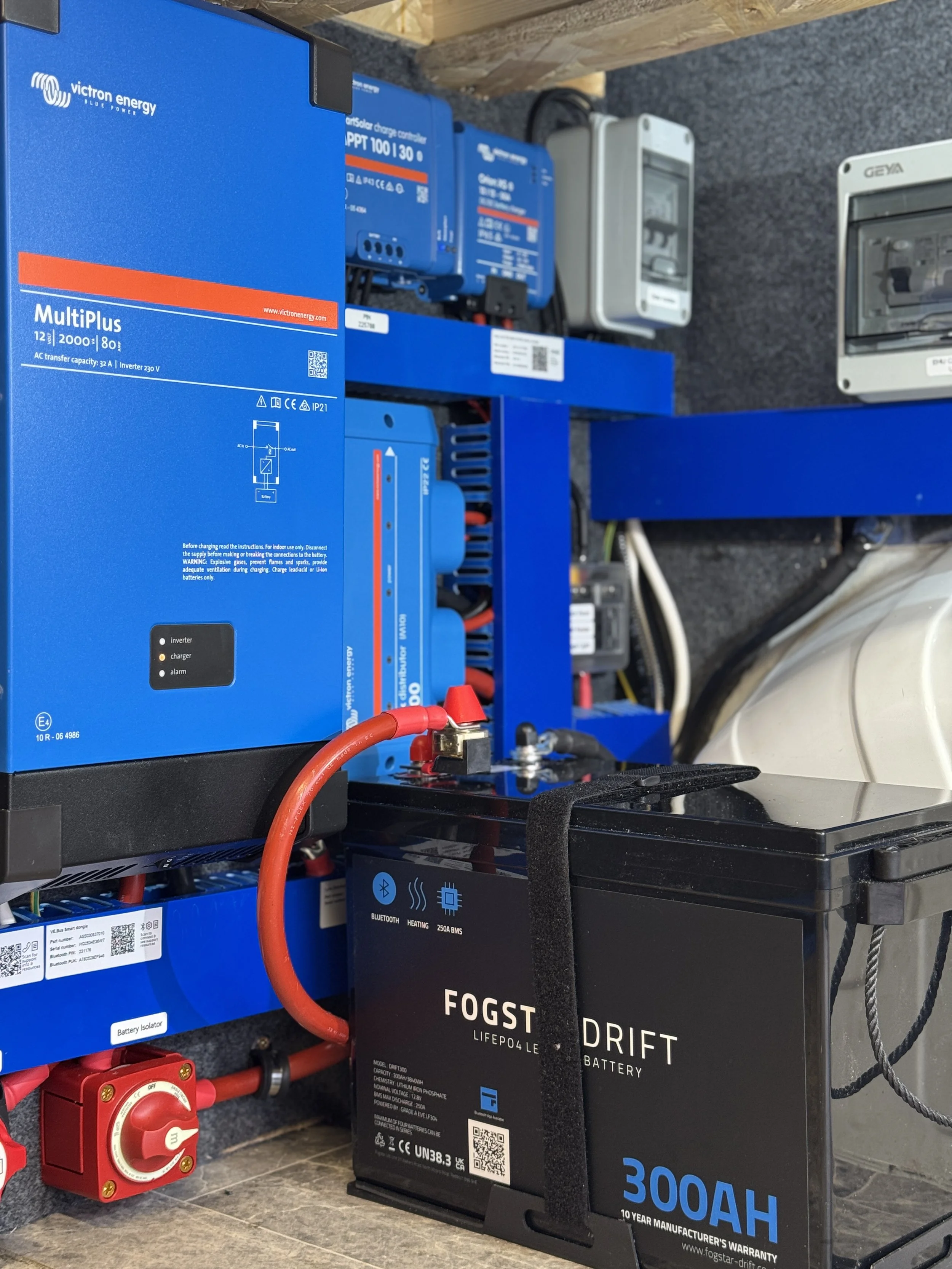 An electrical setup with a blue Victron energy inverter, a black FOOST drift 300AH battery, various circuit breakers, and wiring, arranged on a wooden surface and mounted to a wall.