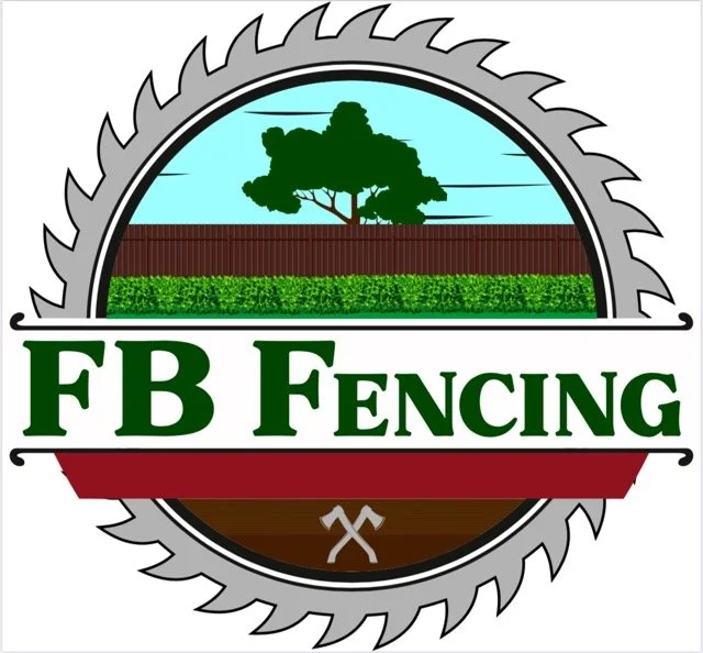 Logo for FB Fencing with a circular saw blade border, a tree and blue sky background, a brown fence, green grass, and crossed fencing tools at the bottom.