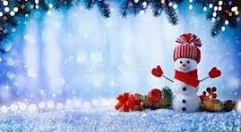 Snowman with a red hat and scarf, surrounded by holiday decorations, in a snowy landscape with Christmas lights.