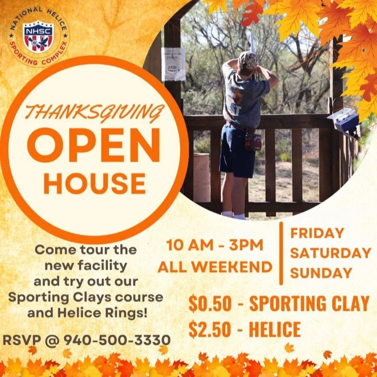 We want to wish you and your family a Happy Thanksgiving! Come tour the new facility and try out our 13 station Sporting Clay Course and 6 Helice Rings over 5 football fields long this Friday, Saturday and Sunday. TO RSVP, CONTACT 940-500-3330

Natio