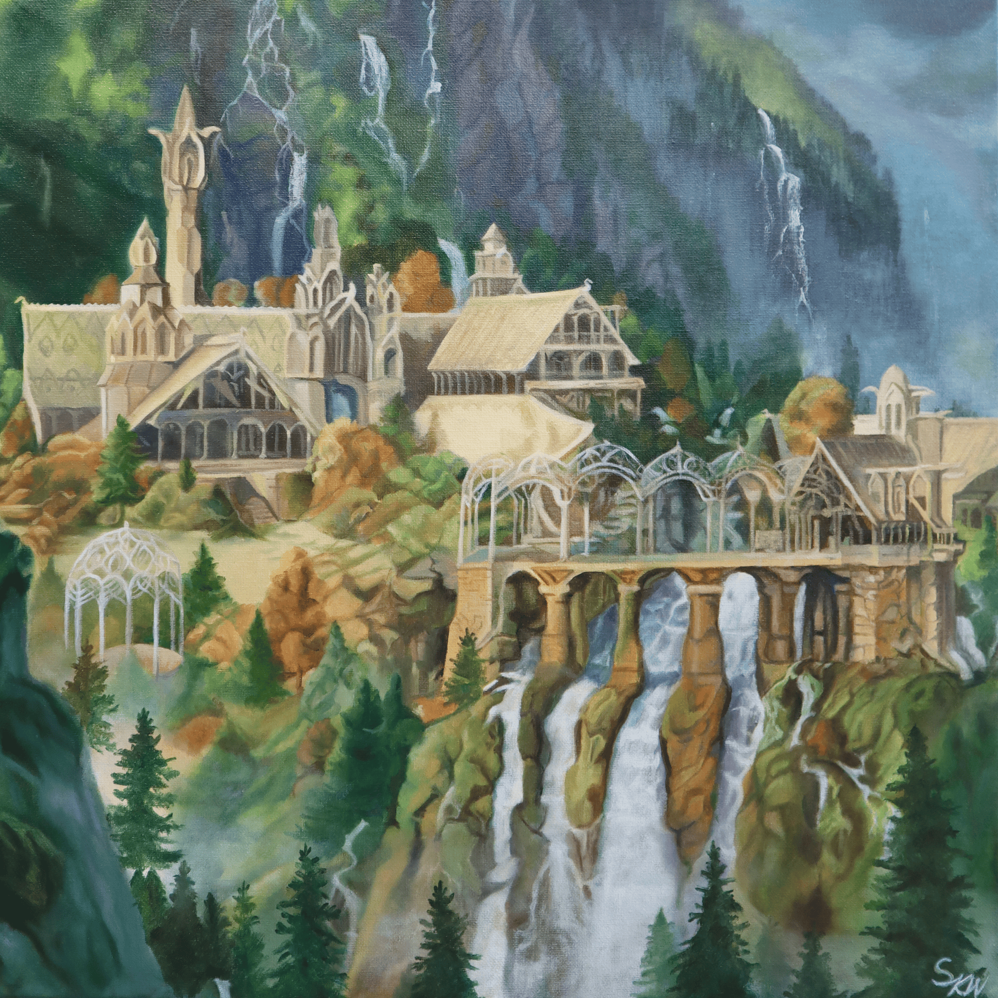Fantasy landscape painting of an elegant, castle-like structure with pointed arches and a bridge over waterfalls, surrounded by lush greenery and mountains. movie poster, lord of the ring, rivendell