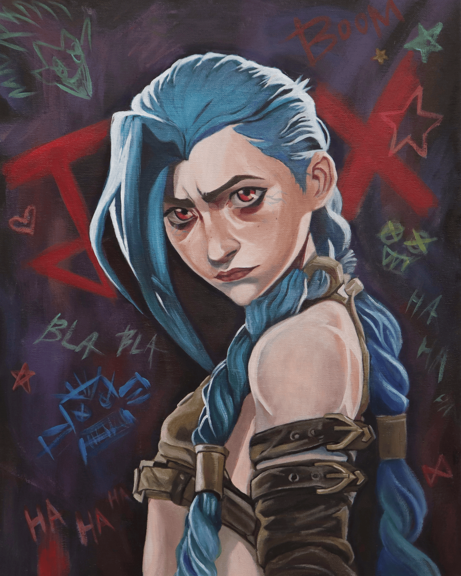 Digital artwork of a character with blue braids, intense expression, surrounded by graffiti-like text and symbols on a dark background.