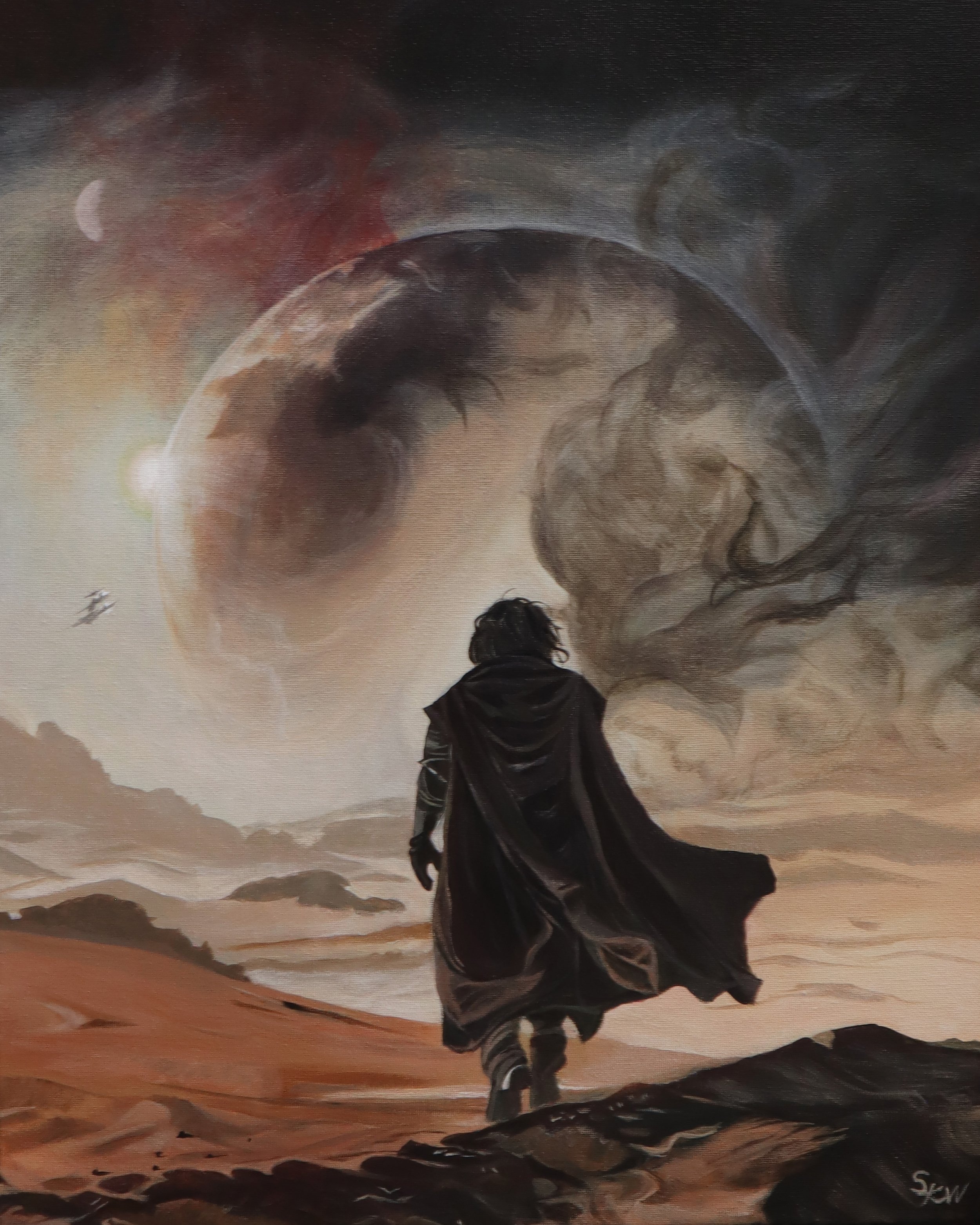 Sci-fi artwork depicting a cloaked figure walking towards a desert landscape with planets and a spaceship in the background.
