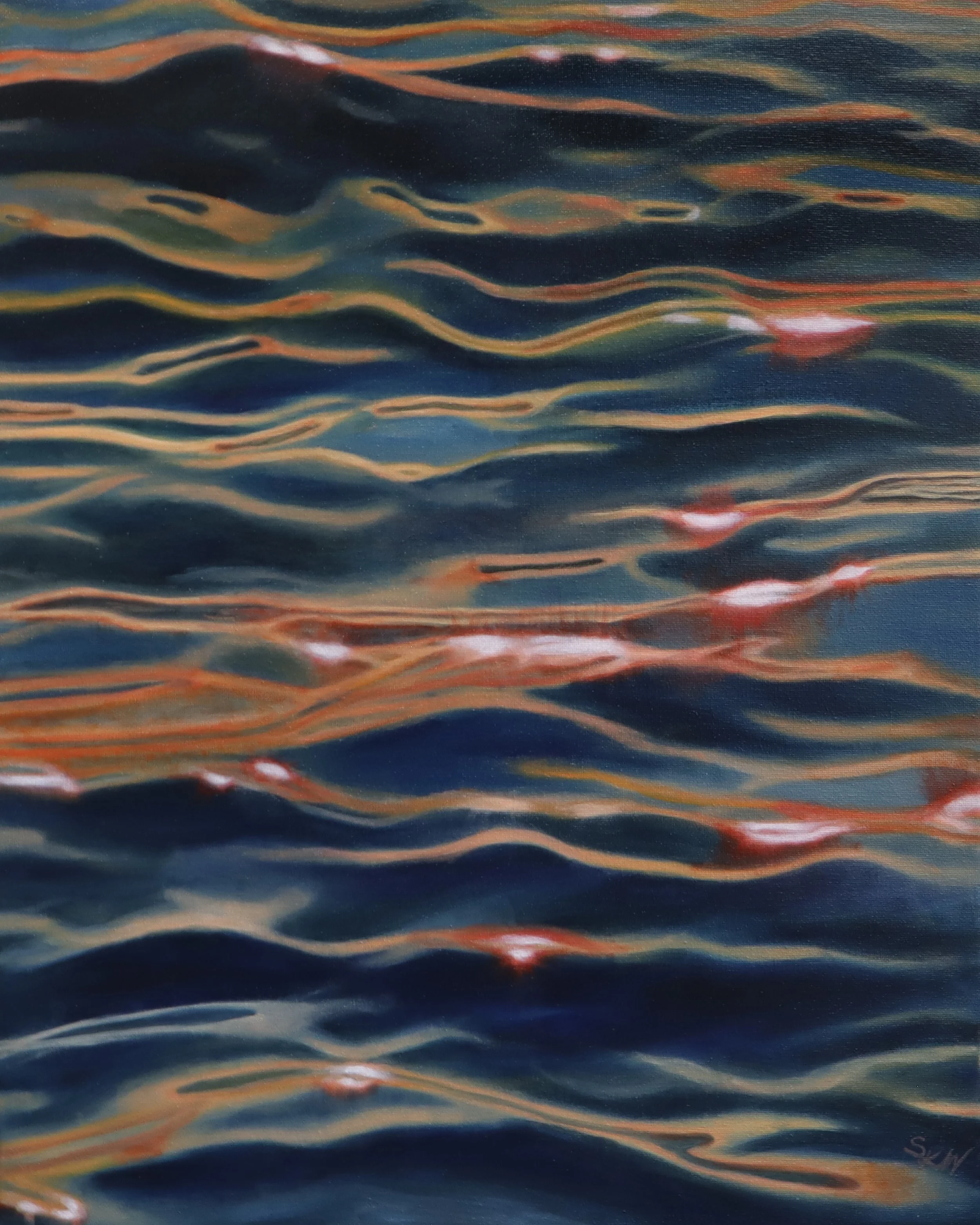 Abstract painting of flowing water with orange and blue hues