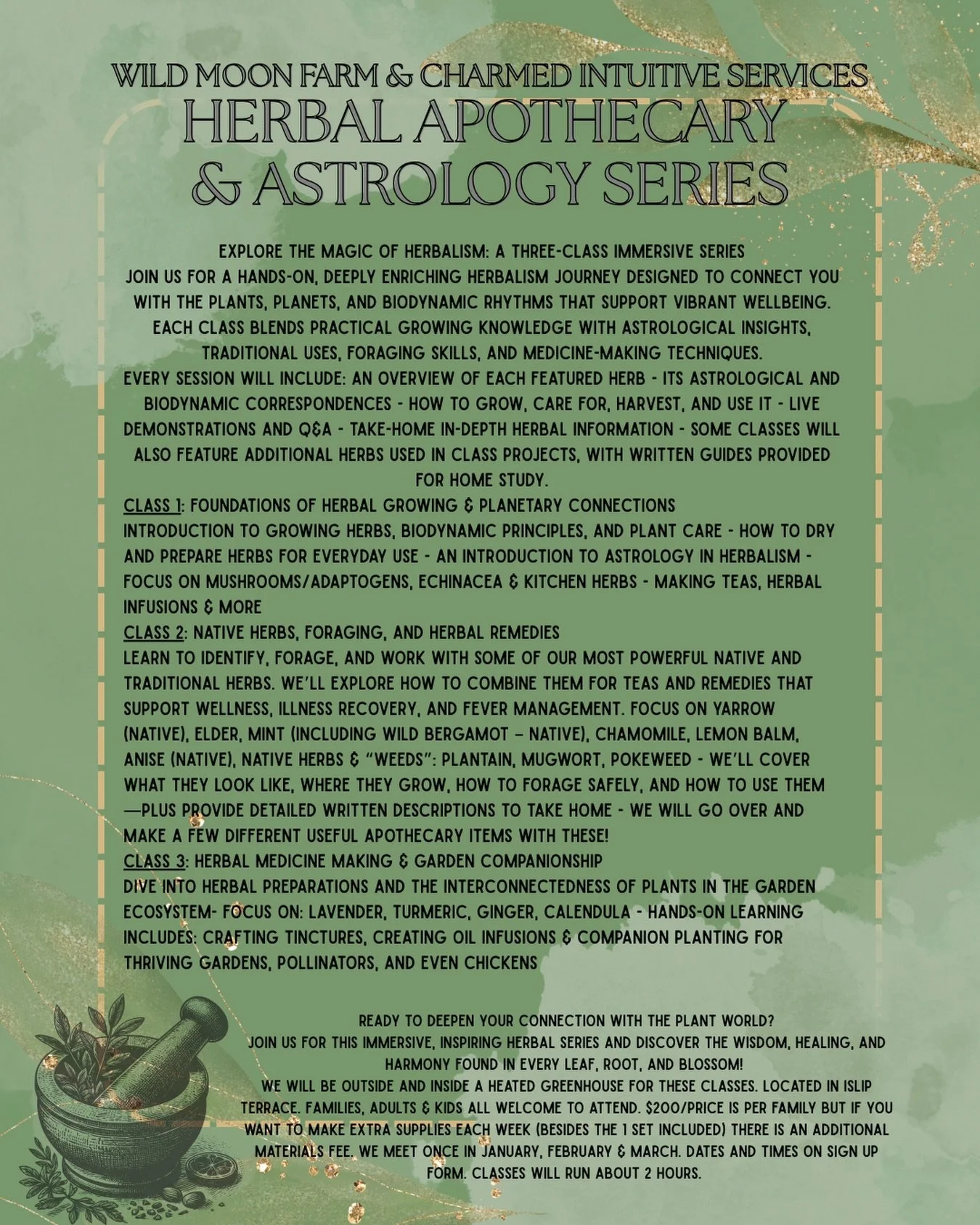 A full description and outline for the upcoming 3 part series: Sign up in bio or here: https://forms.gle/Fy45vga6v4KCdK6b7
Explore the Magic of Herbalism: A Three-Class Immersive Series
Join us for a hands-on, deeply enriching herbalism journey desig