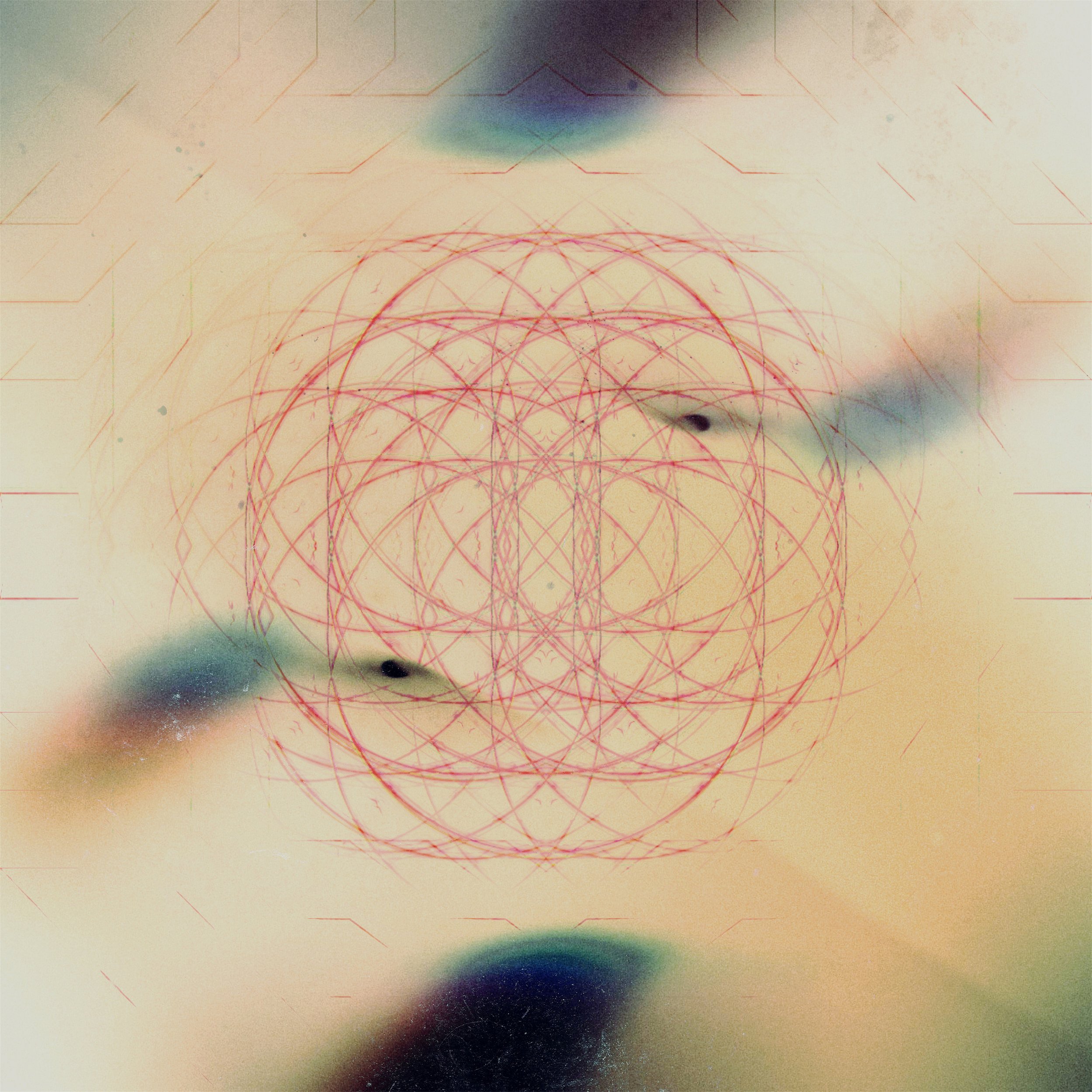 Abstract digital artwork with multicolored geometric patterns, mainly featuring red circles and arches, set against a light background with subtle gradient effects.