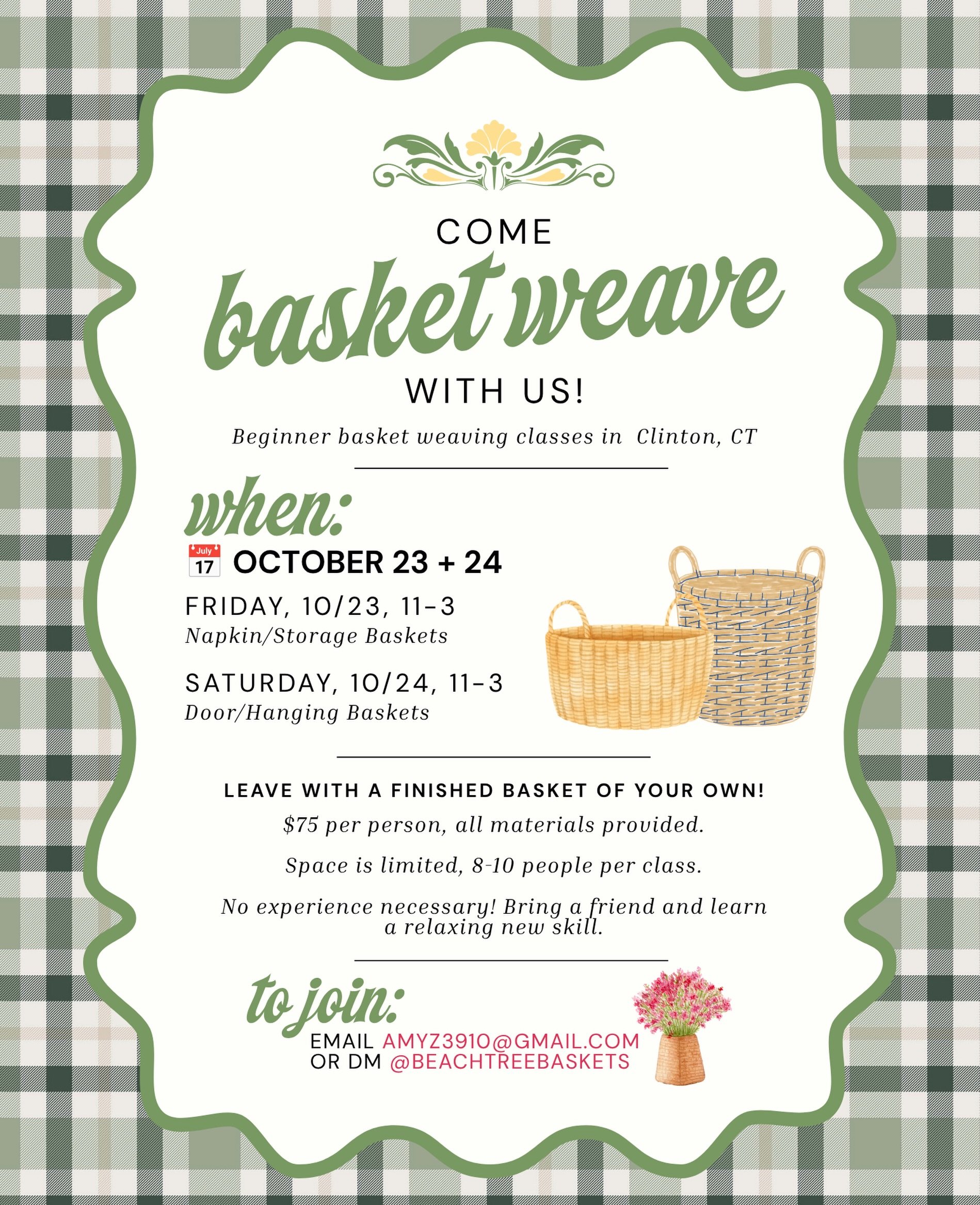 🧺💐💝 NEW basket weaving classes coming this October! 
📆 October 23 + 24, 11am - 3pm
🚪napkin/storage baskets (Friday) + door/hanging baskets (Saturday)
💐 $75/pp, all materials included. just bring yourself and your creativity!
📱 to reserve, DM @