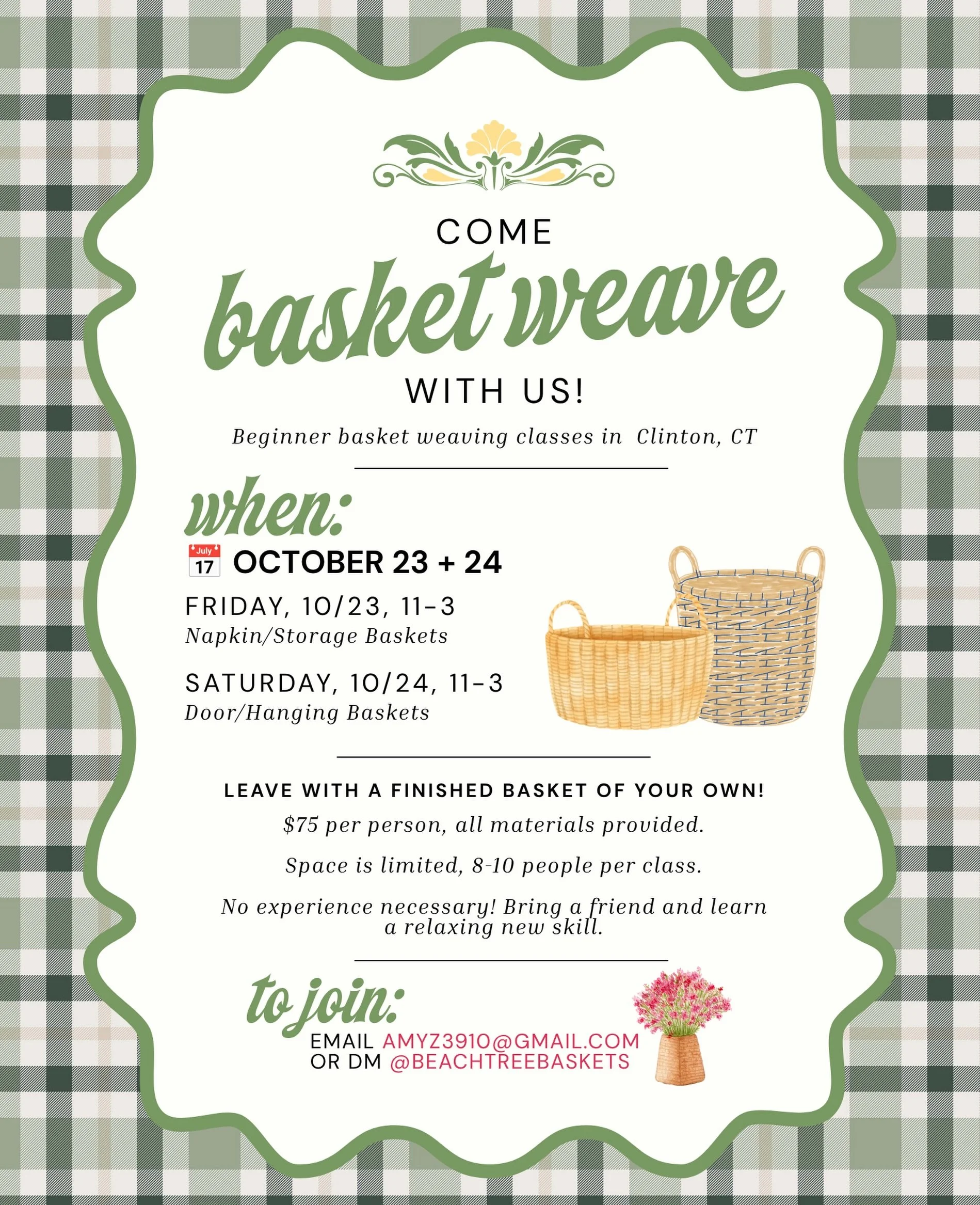 🧺💐💝 NEW basket weaving classes coming this October! 
📆 October 23 + 24, 11am - 3pm
🚪napkin/storage baskets (Friday) + door/hanging baskets (Saturday)
💐 $75/pp, all materials included. just bring yourself and your creativity!
📱 to reserve, DM @
