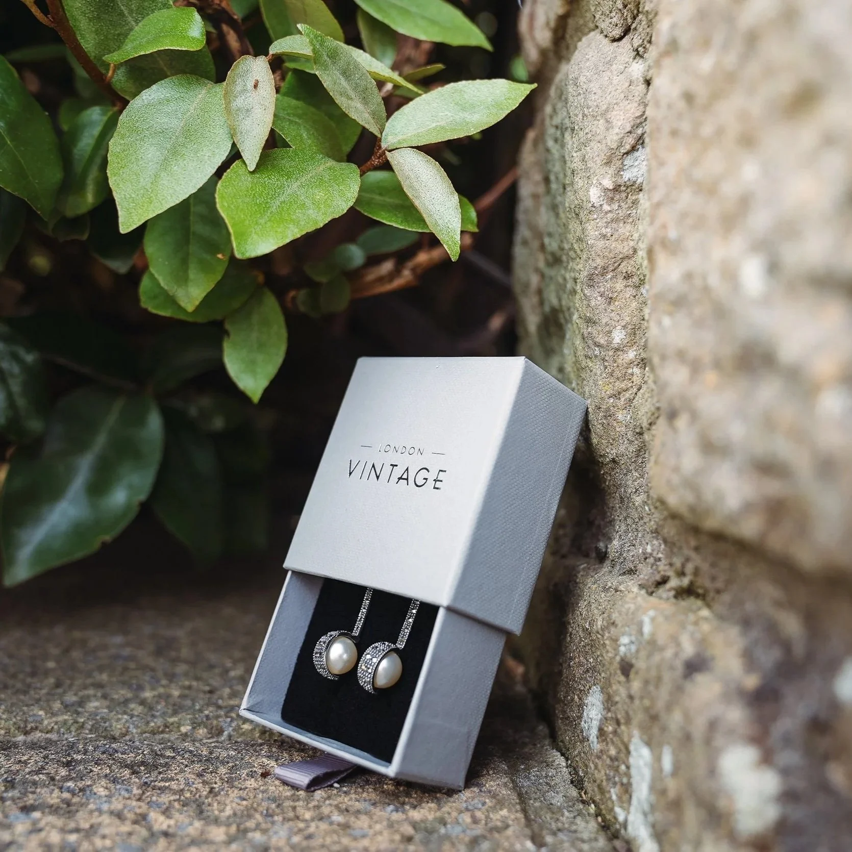 Close-up of a jewelry box containing pearl earrings and a decorative pair of earrings, placed outdoors against a stone surface with green leaves in the background.