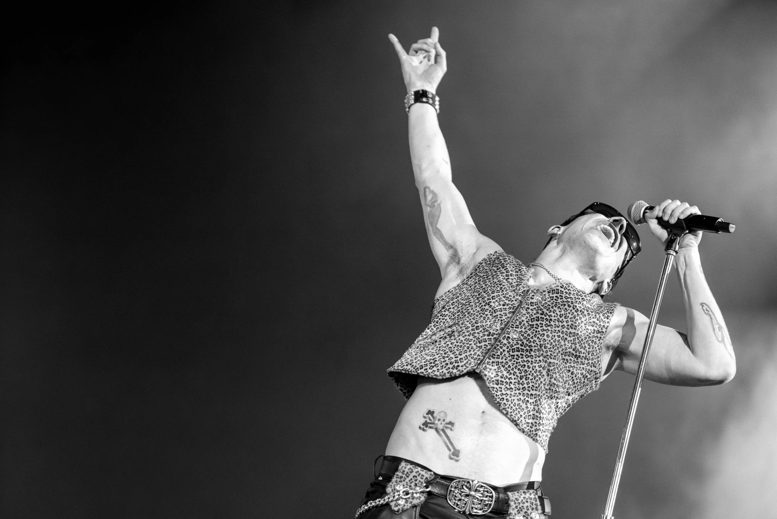 A woman singing into a microphone on stage, raising one hand in the air, wearing sunglasses, a leopard print top, and jewelry.