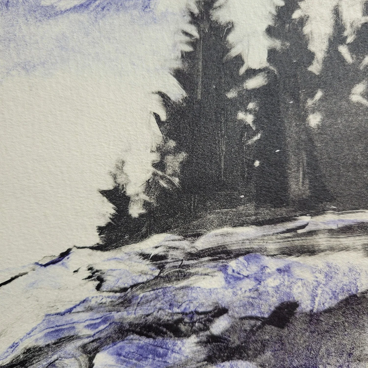 Detail enlargement from a monotype print in black and blue ink showing the silhouette of evergreen trees atop a rocky island