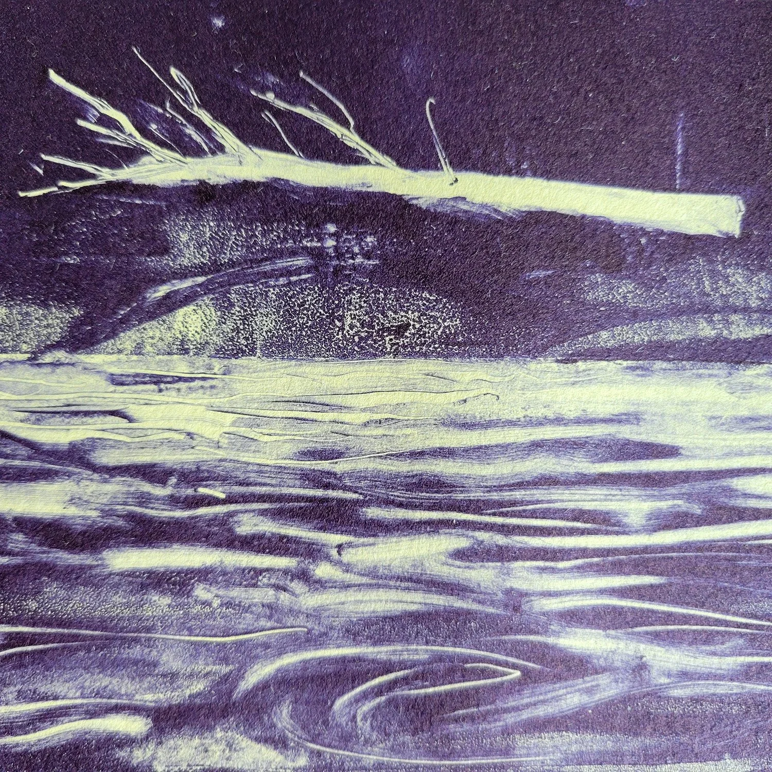 Detail enlargement from a monotype print showing a driftwood tree washed upon the Maine shoreline