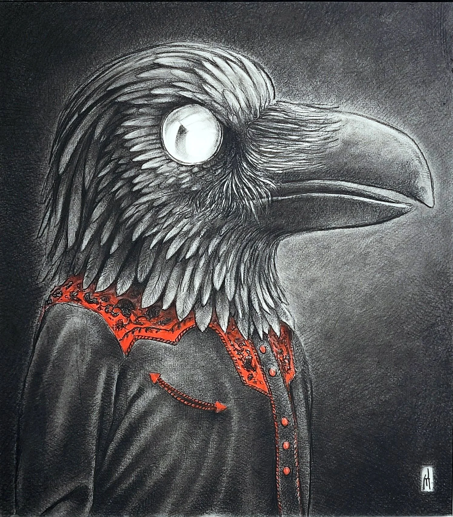 Mixed media self-portrait drawing by Philadelphia-based artist James Mundie, in which he portrays himself wearing a black and red Western-style shirt and his face is hidden under a mask in the shape of a raven's head with convex mirror eyes.