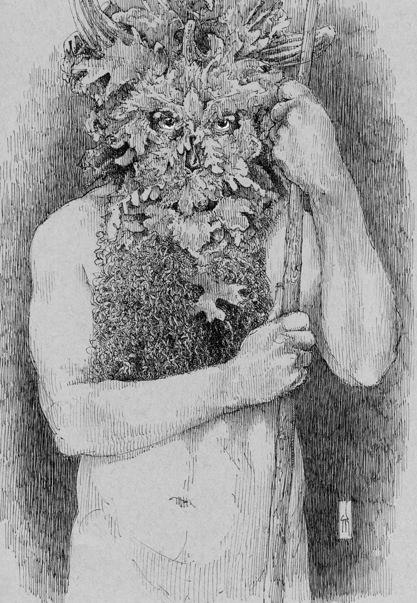 Ink drawing on grey paper of a three-quarter length nude male figure with a horned foliate head and beard holding a wooden staff.
