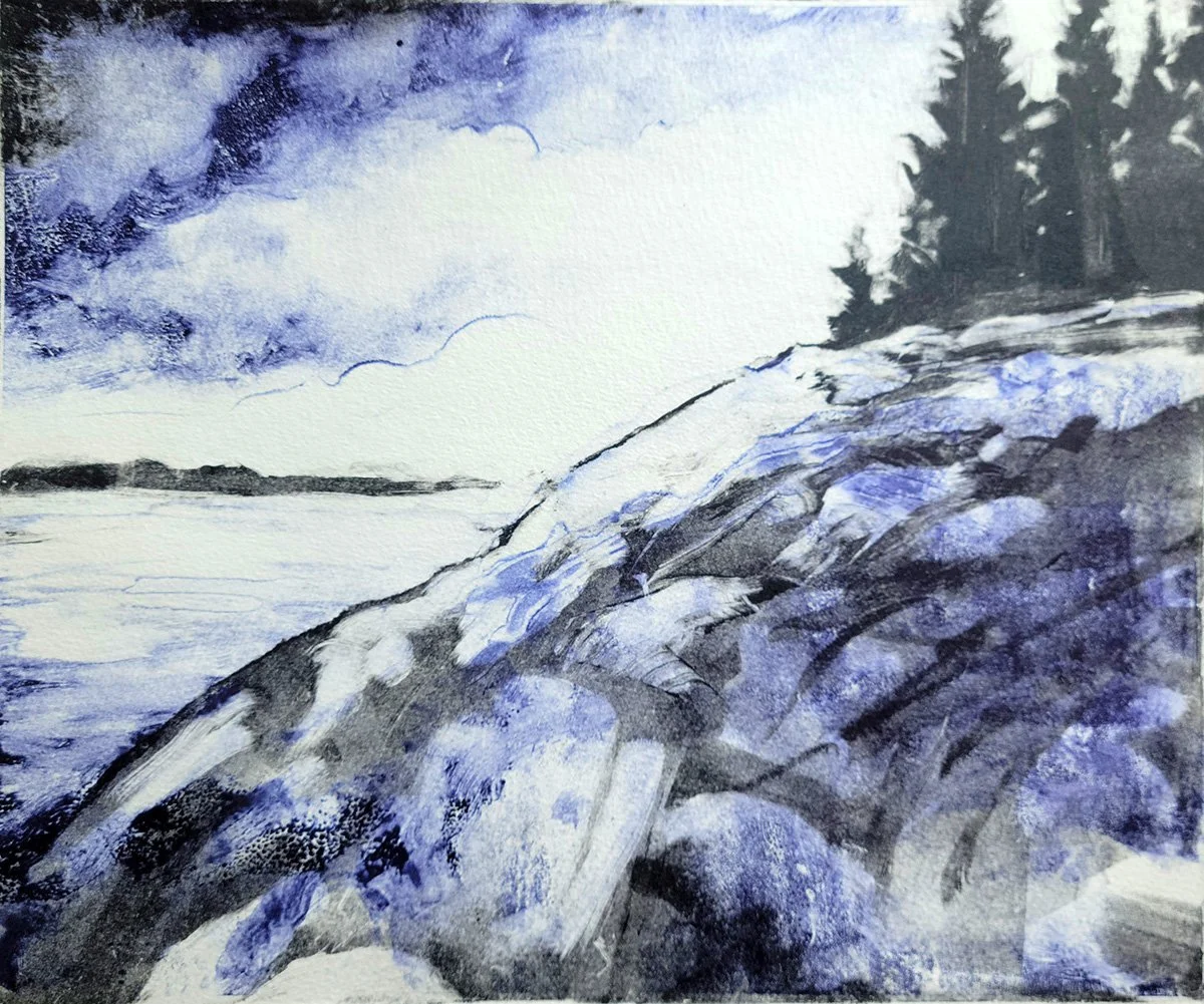 Monotype print in black and blue ink showing the edge of a rocky Maine island with evegreen trees at upper right. Another landmass appears on the horizon under a cloudy sky.