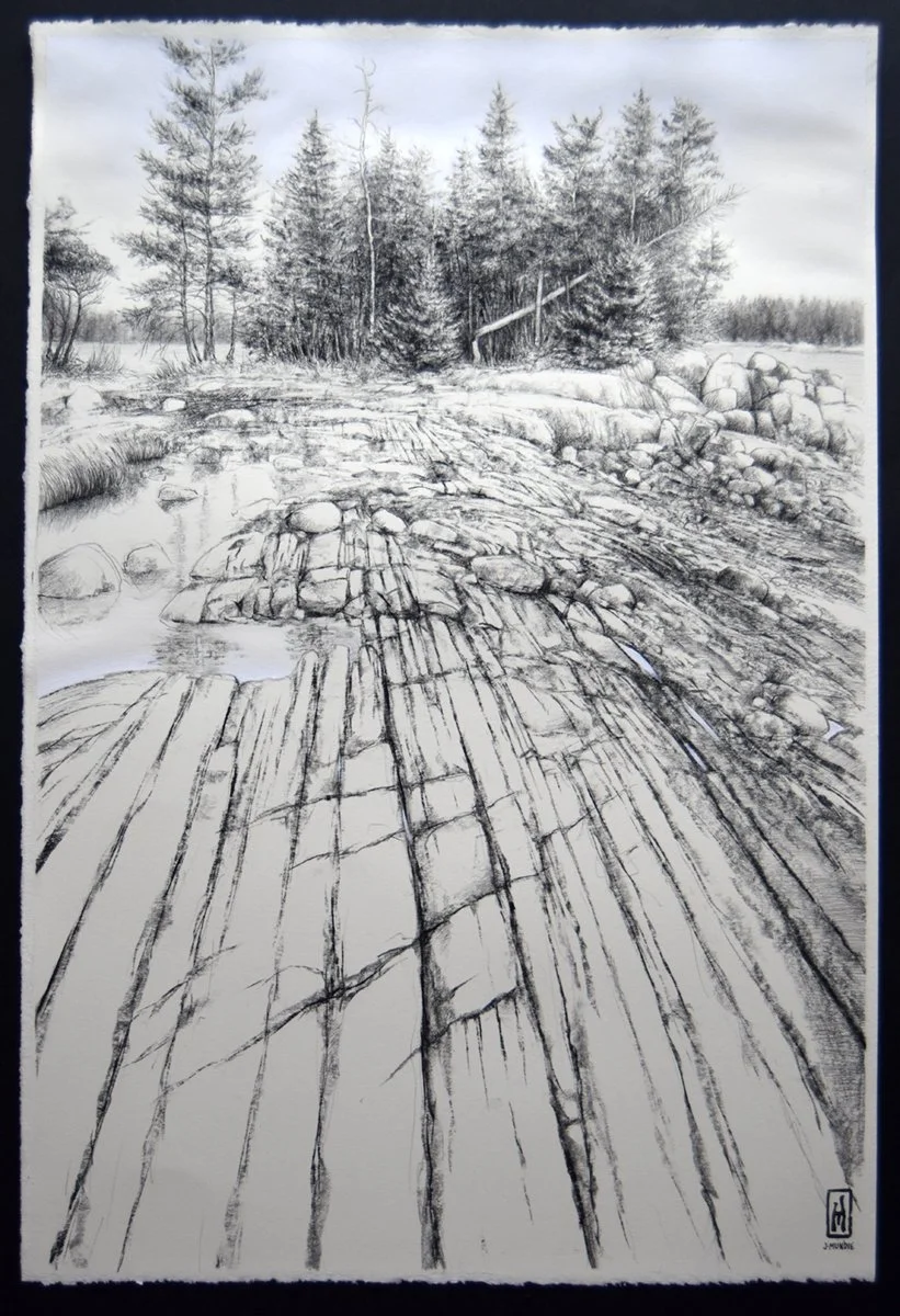 Mixed media drawing depicting the rocks and trees along a cove in coastal Maine